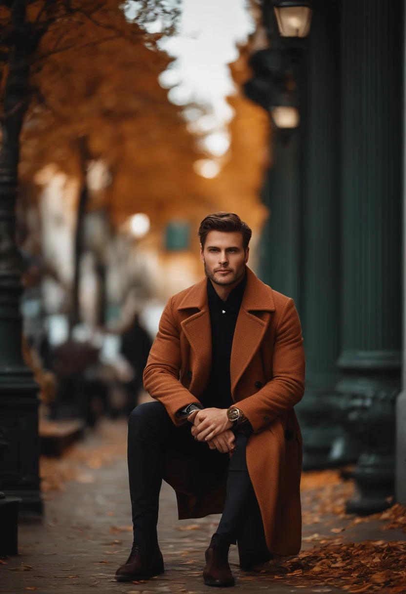 Full body photo portrait photo of handsome man、perfect  eyes、Wearing a mecha coat((Light bokeh))、Convoluted、(steel metal[rust])、elegent、foco nítido、Photo by Greg Rutkowski、Soft lighting、bright colour、​masterpiece、(a street))、autumnal、sad、One foot in front of you