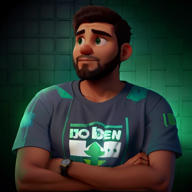 Um jovem de blusa verde, parado na frente de uma paisagem verde, iluminado por uma luz, contra o pano de fundo de uma igreja decolando com um foguete