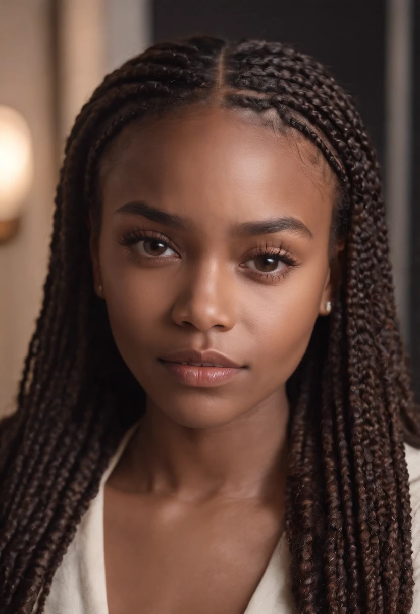dark brown haired girl with box braids rosey checks and dark skin