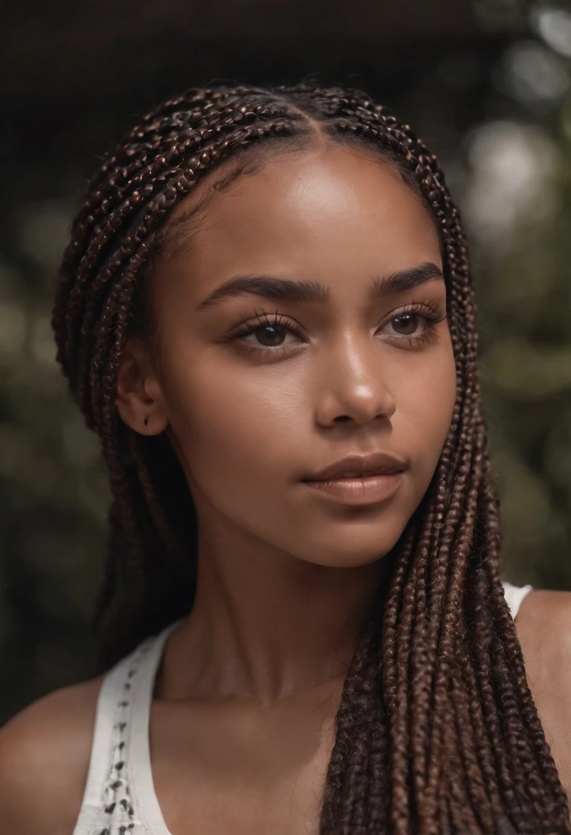 dark brown haired girl with box braids rosey checks and dark skin