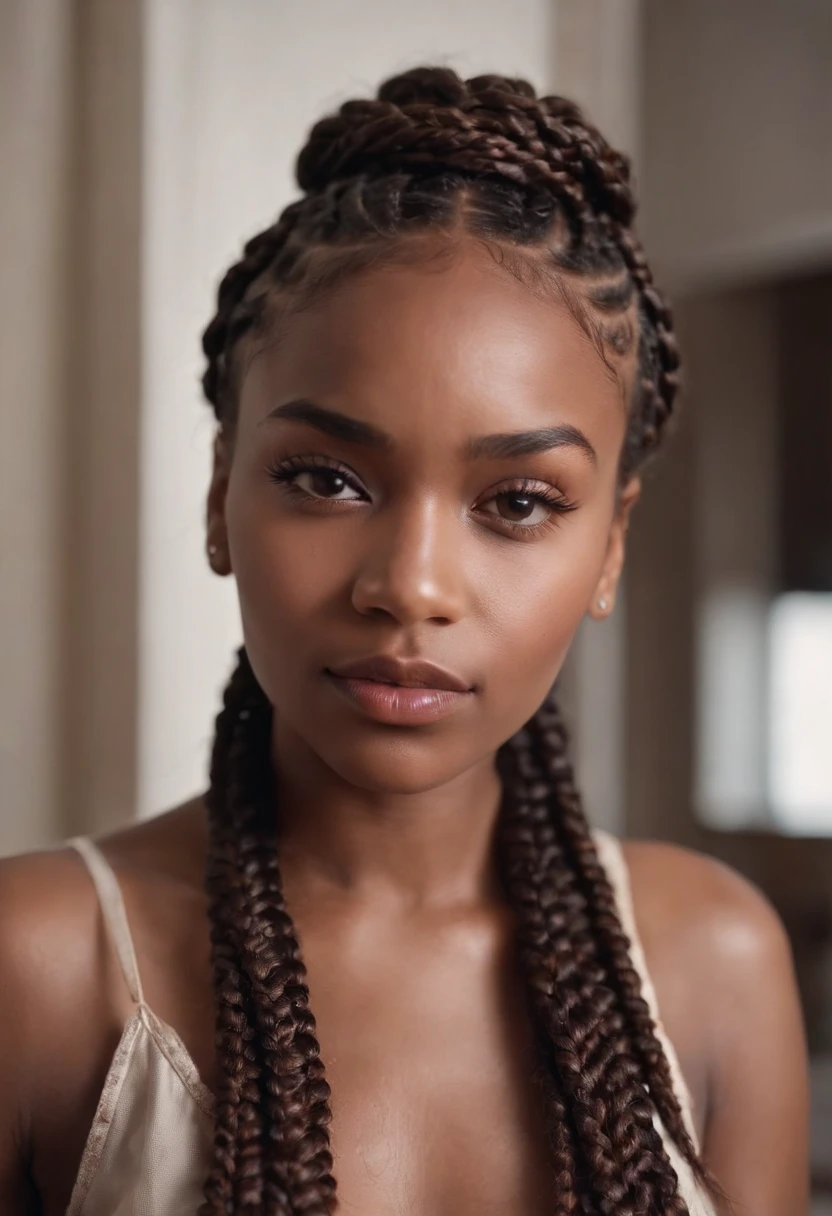 dark brown haired girl with box braids rosey checks and dark skin