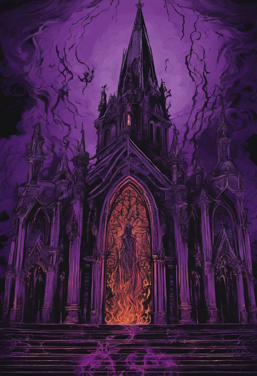 Gigantic demon behind a church in purple flames