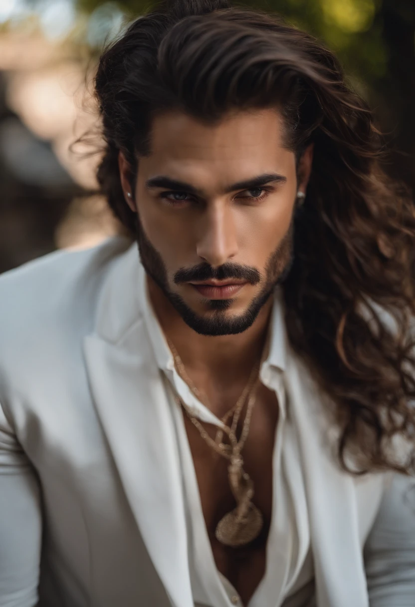 Leve-me uma foto de um modelo masculino branco, cabelo liso castanho penteado de lado, em um terno e gravata