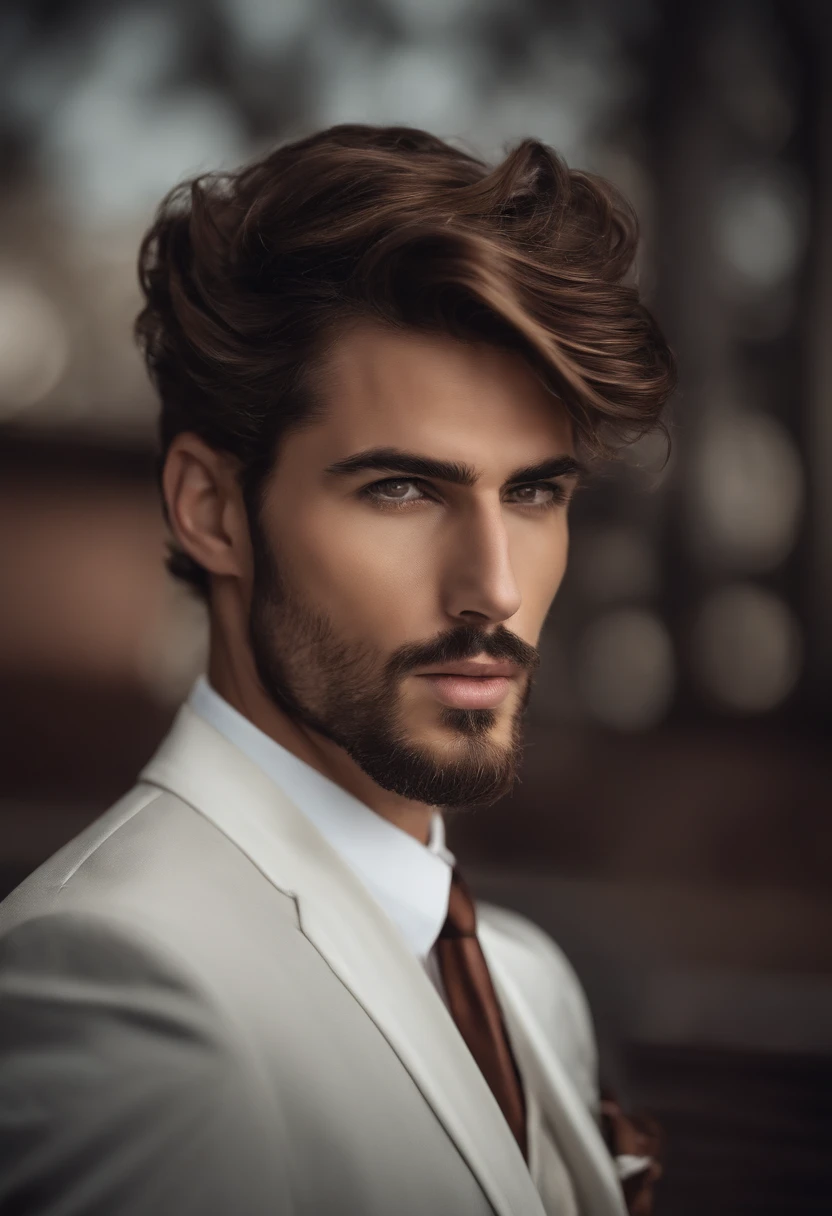 Leve-me uma foto de um modelo masculino branco, cabelo liso castanho penteado de lado, em um terno e gravata