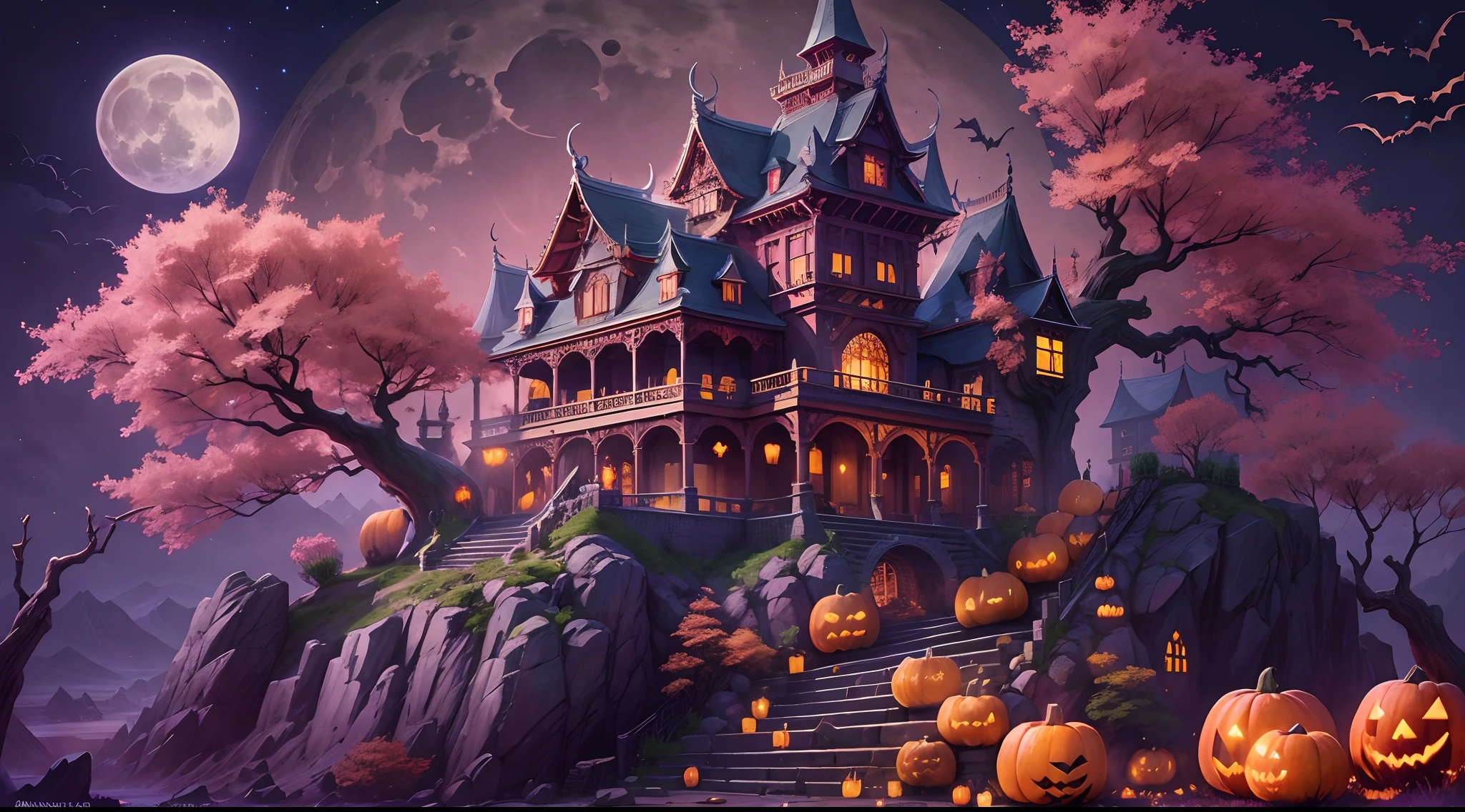 Moonlight Night Fantasy Fortress、Huge Full Moon、Halloween Poster、pink colours, pumpkins、witches house, the bats、masterpiece、top-quality、top-quality、realisitic、8k 、Highly detailed CG、hight resolution、ultra-detailliert、finely detail、lighting like a movie、Halloween Poster、pumpkins、 Jack-o'-lantern、Castles, Western castle at the top of the mountain、mont、withered huge branches