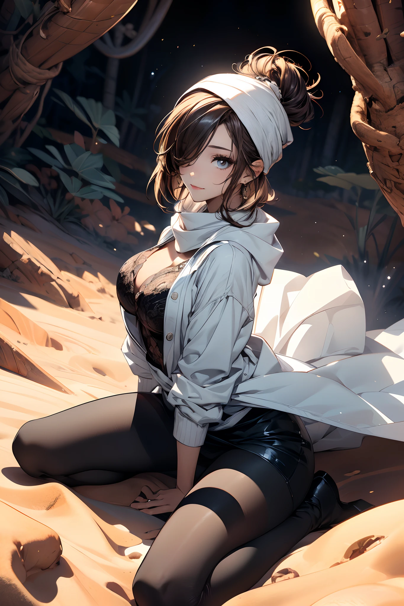 a matured woman with long black hair and a white outfit, (in a desert:1.5), (resting in oasis:1.2, in front of lakeside:1.2, cross-legged:1.1), Arabic, (Post apocalyptic:1.0), from arknights, artwork in the style of guweiz, bodyesbian, fine details. girls frontline, beautiful anime illustration, from girls frontline, by Yang J, stunning, 26 years old, (solo:1.5), (sfw:1.25), sagging breast, large breasts, big tits, thin waist, big ass, Raised sexy, (dark mahogany medium short hair, updo, hair over one eye, asymmetric hair, Carly hair, low tied),(musulman, white Headscarfs, hair bands, head vandage, Turban), (ultra high resolution, 8K RAW photo, photo realistics, weak outline:1.3, clear focus), best qualtiy, natural lighting, blurry back ground, field depth, (Bright pupils, detailed beautiful eyes, high detailed face), Red lip, looking away, (crotch focus:1.2, from front, from above), sexy posing, seductive weak smiling, center image, (wearing white long jacket and clothes, wearing white robes, platinum ornaments, white clothes rolling around waist, camel-brown long leather boots, translucent lace pantyhose), ((correct anatomy:1.5)), ((outdoor:1.2)),