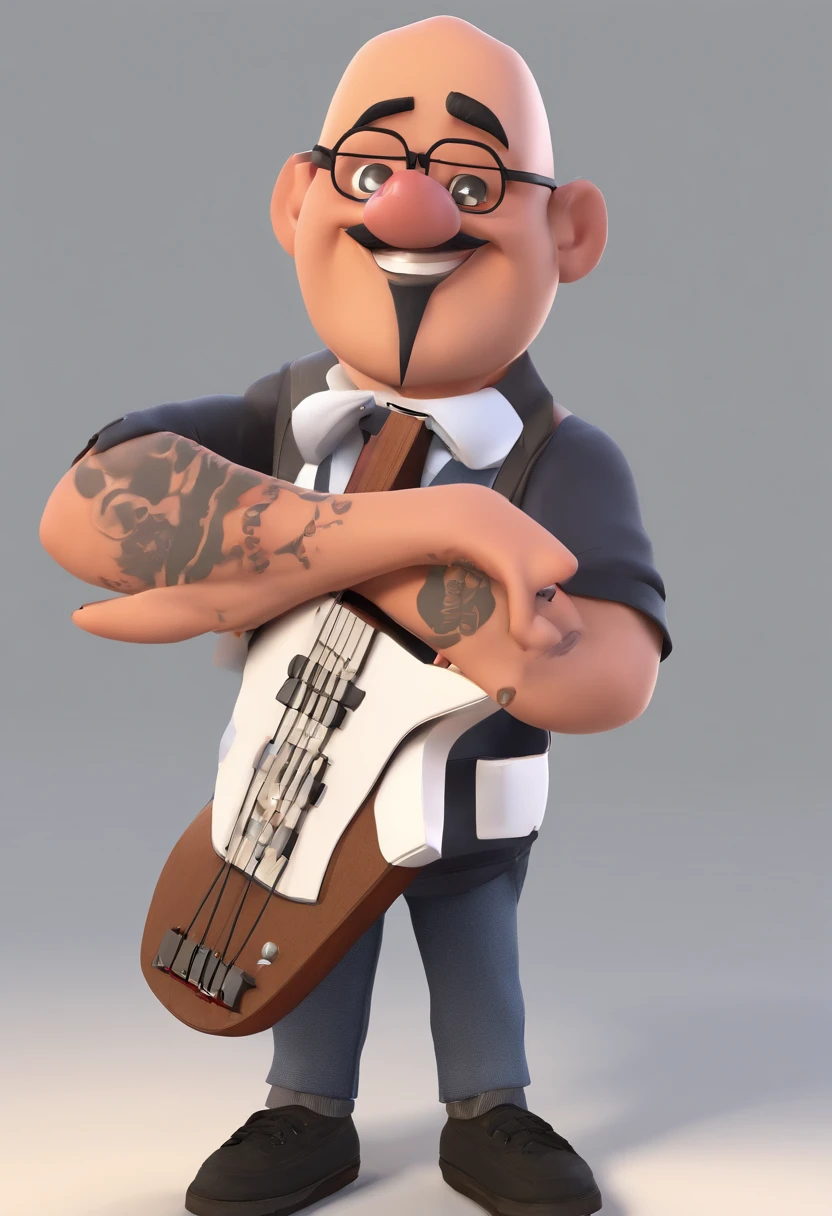Create a Disney Pixar-style character
Bald white skinny man
White Square Glasses
little brown mustache
Beard on brown chin
septum piercing
Piercing between the chin and the lower lip
Right and left ear reamers
Black workshirt shirt out of pants
Black Cargo Pants
Vans Checkered Slip On Sneakers
Catrina red rose tattoo only on the right forearm
Black watch on left cuff
Playing a Gothic SG G400 guitar