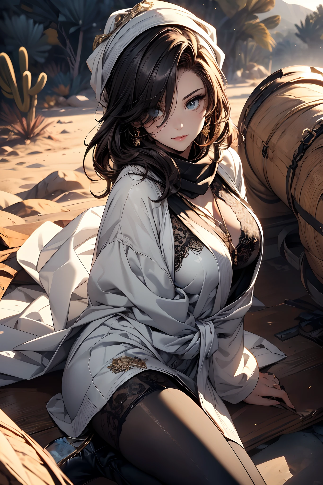 a matured woman with long black hair and a white outfit, (in a desert:1.5), (resting in oasis:1.2, in front of lakeside:1.2, cross-legged:1.1), Arabic, (Post apocalyptic:1.0), from arknights, artwork in the style of guweiz, bodyesbian, fine details. girls frontline, beautiful anime illustration, from girls frontline, by Yang J, stunning, 26 years old, (solo:1.5), (sfw:1.25), sagging breast, large breasts, big tits, thin waist, big ass, Raised sexy, (dark mahogany medium short hair, updo, hair over one eye, asymmetric hair, Carly hair, low tied),(musulman, white Headscarfs, hair bands, head vandage, Turban), (ultra high resolution, 8K RAW photo, photo realistics, weak outline:1.3, clear focus), best qualtiy, natural lighting, blurry back ground, field depth, (Bright pupils, detailed beautiful eyes, high detailed face), Red lip, looking away, (crotch focus:1.2, from front, from above), sexy posing, seductive weak smiling, center image, (wearing white long jacket and clothes, wearing white robes, platinum ornaments, white clothes rolling around waist, camel-brown long leather boots, translucent lace pantyhose), ((correct anatomy:1.5)), ((outdoor:1.2)),