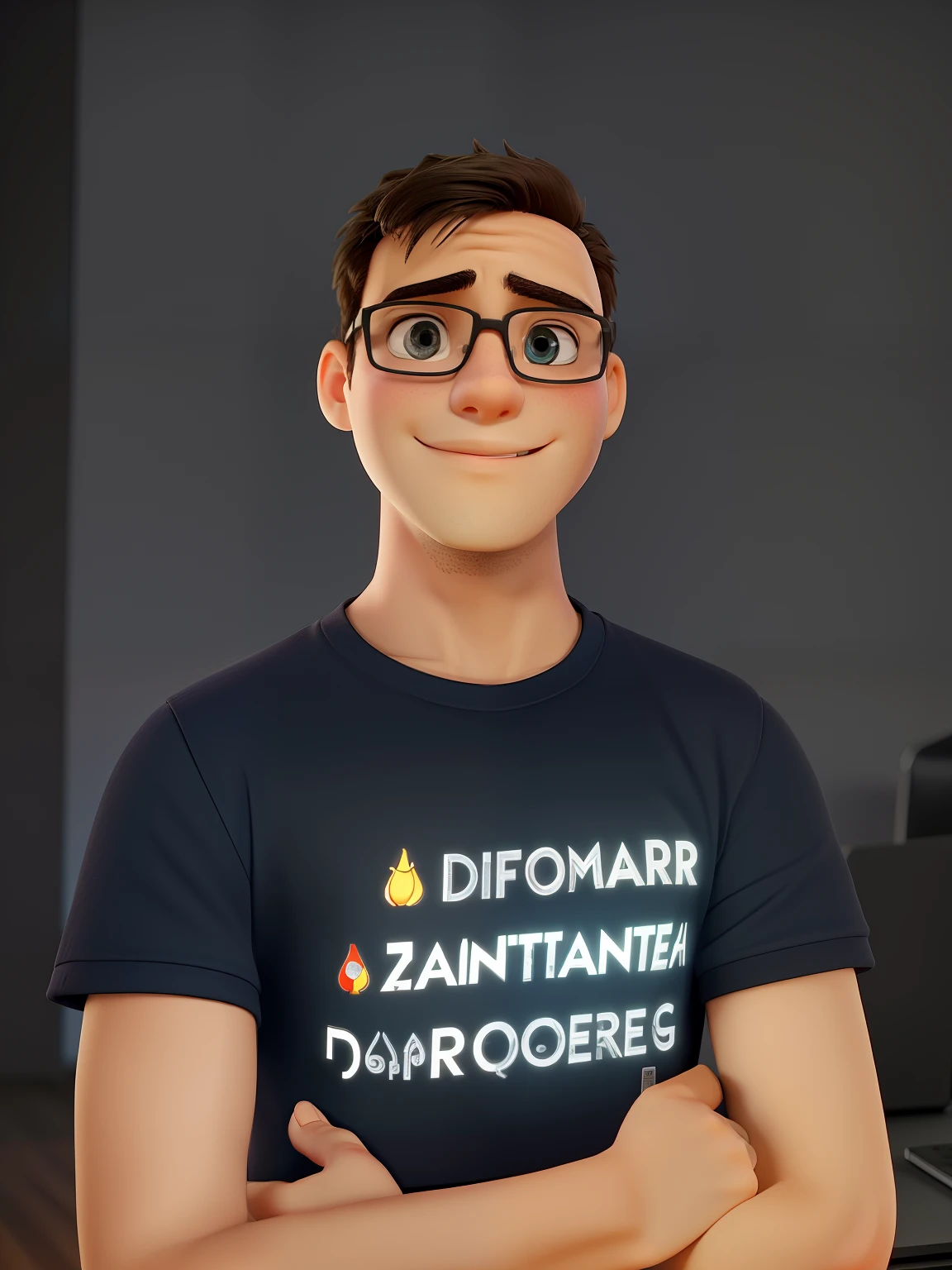 A young marketing savant standing in front, illuminated by the light of a lamp, contra o pano de fundo de uma  mesa com computador.