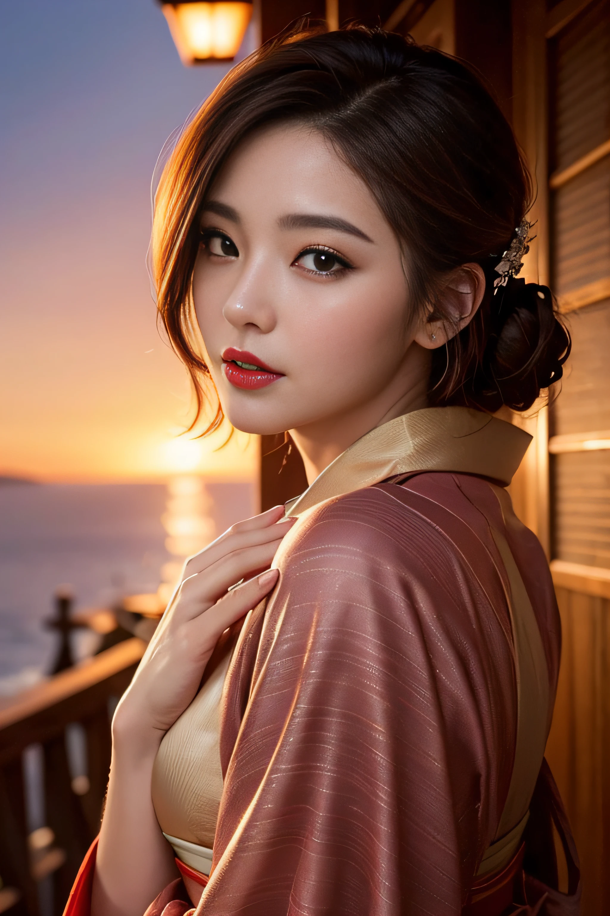 1womanl、(Super beautiful)、(beauitful face:1.5)、(A detailed face)、Early 30s、(Kimono)、Wearing heavy makeup、(red-lips)、Brown hair、(Immediately after sunset:1.2)、(Back lighting)、A scent that can't be hidden、Before you know it, It's ingrained in you、If someone takes you, I want to kill you、Sleep in a hideout、Winding Slope、Joren Falls、soar、shake off、Passing through the dazzling flames、mont. Amagi I want to climb with you、At SFW