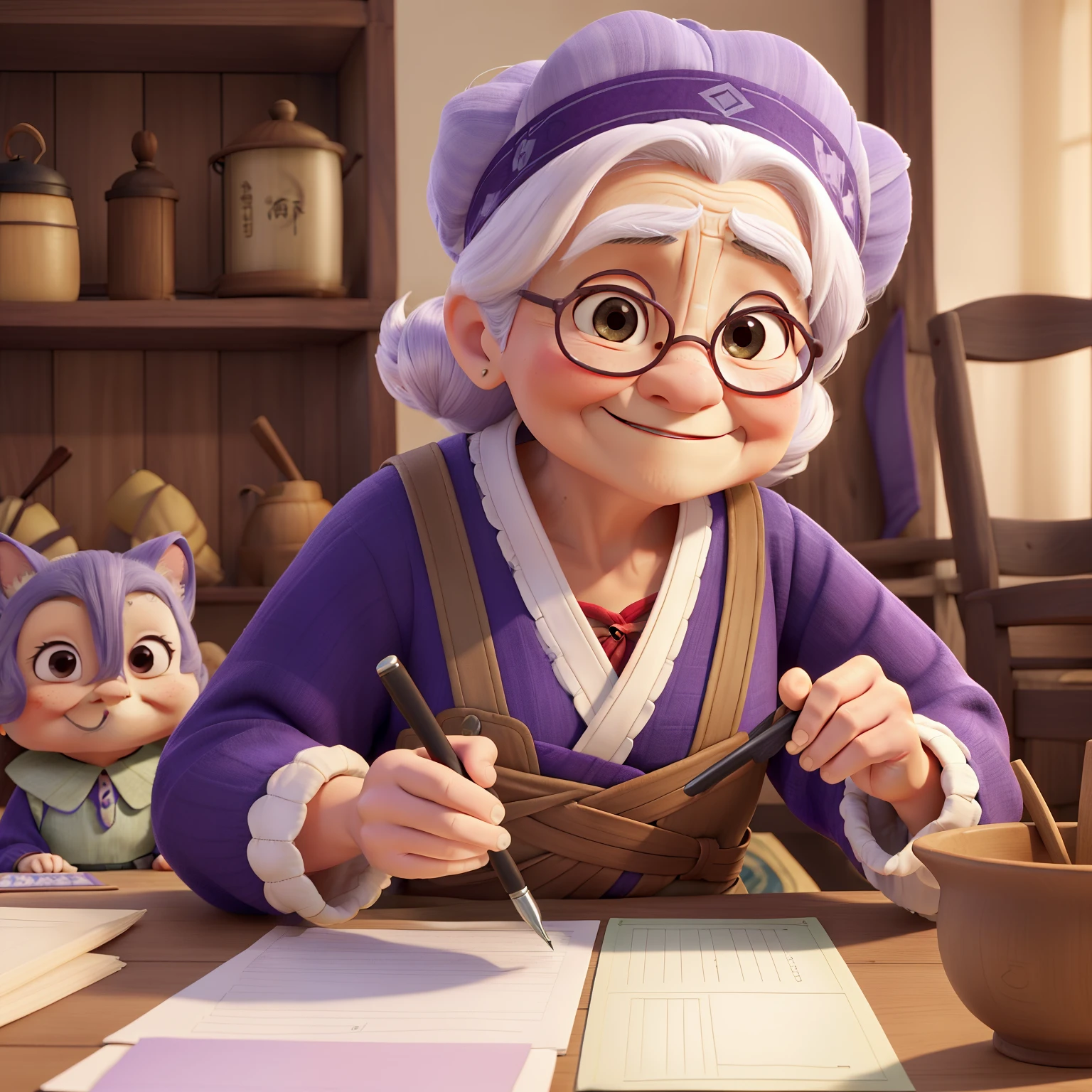 ** An old lady from a folk tale from Japan, Making Character Sheets, sorriso quente, rugas nos cantos dos olhos, quimono roxo velho, o tecido parece velho, style similar to Pixar animation, The lighting is natural and soft, tom de cor mistura cores quentes e frias, reflete sua sabedoria e bondade, soio, (corpo inteiro)