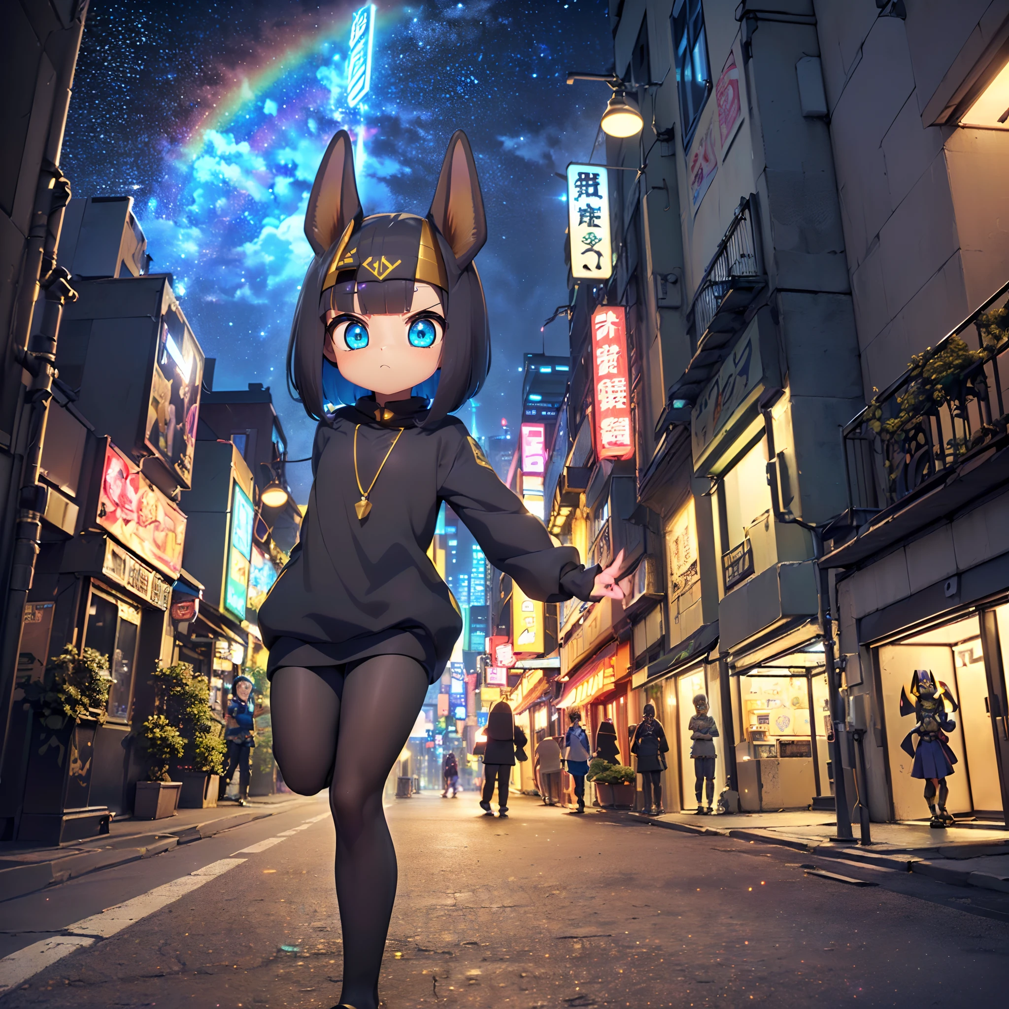 ((Chibi Chara:1.3), full body Esbian,(Colorful:1.2), (Highly detailed CG Unity 16K wallpaper:1.1), (Denoising strength: 1.45), (tmasterpiece:1.37), ((Official art)), of the highest quality, (Realistic), Male child, (Short-cut hair:1.2),(Anubis Costume:1.5),Black hair,Glowing eyes,(blue eyess:1.2),((Poses in motion:1.4)),((Anubis Costume:1.3)),wires, (LED:1.3), (a hologram:1.2), futuristic city street, Neon light, Skyscrapers, (Night:1.2), (Rainbow Model:1.2), 8K resolution, (Anime style:1.3), Cinematic lighting, chromatic abberation, spark of light, Ray tracing, blending, ultra wide-angle, Hasselblad, (masutepiece), ((Best Quality)), ((masutepiece)), nffsw