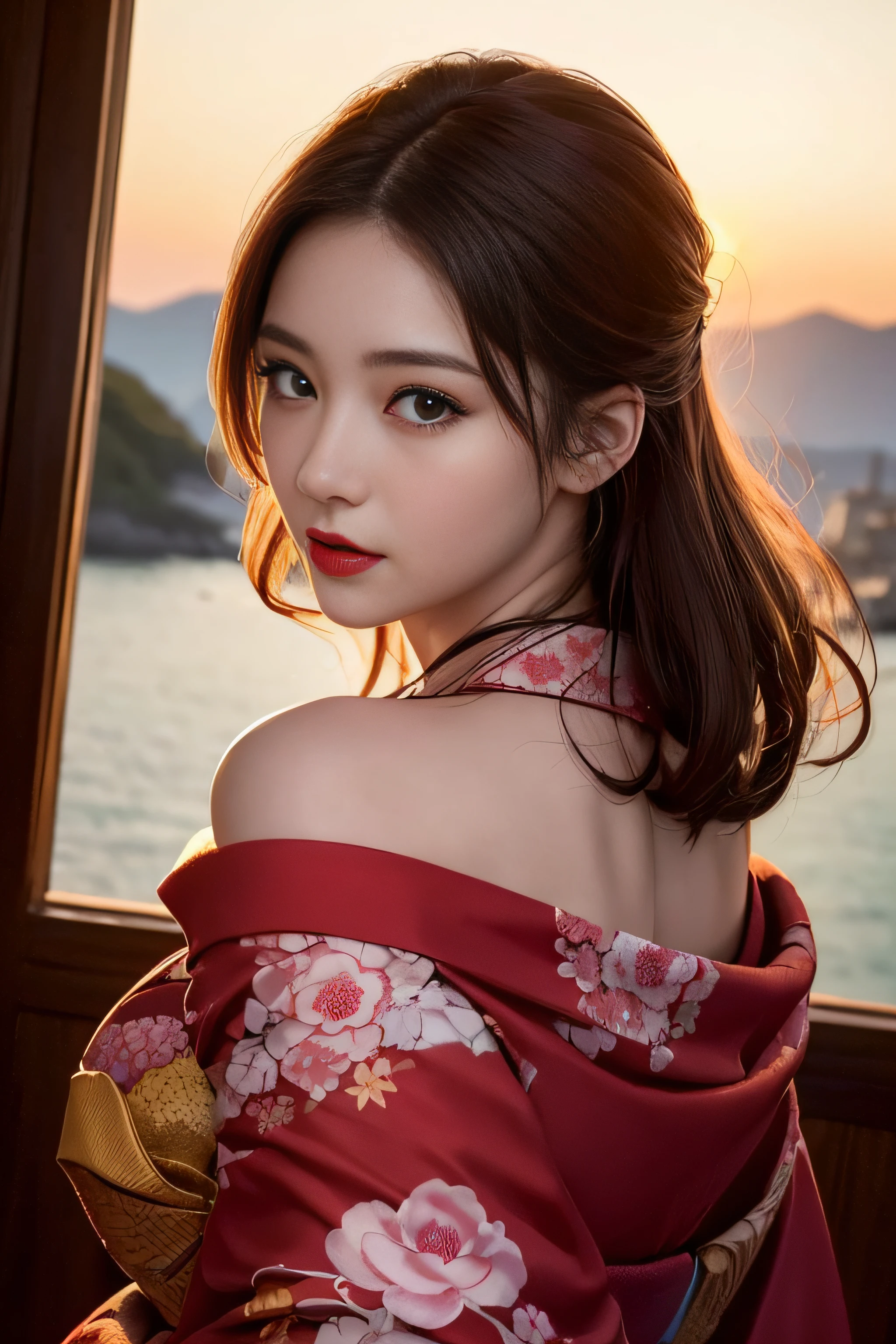 1womanl、(Super beautiful)、(beauitful face:1.5)、(A detailed face)、Early 30s、(Kimono)、Wearing heavy makeup、(red-lips)、Brown hair、(Immediately after sunset:1.2)、(Back lighting)、A scent that can't be hidden、Before you know it, It's ingrained in you、If someone takes you, I want to kill you、Sleep in a hideout、Winding Slope、Joren Falls、soar、shake off、Passing through the dazzling flames、mont. Amagi I want to climb with you、At SFW