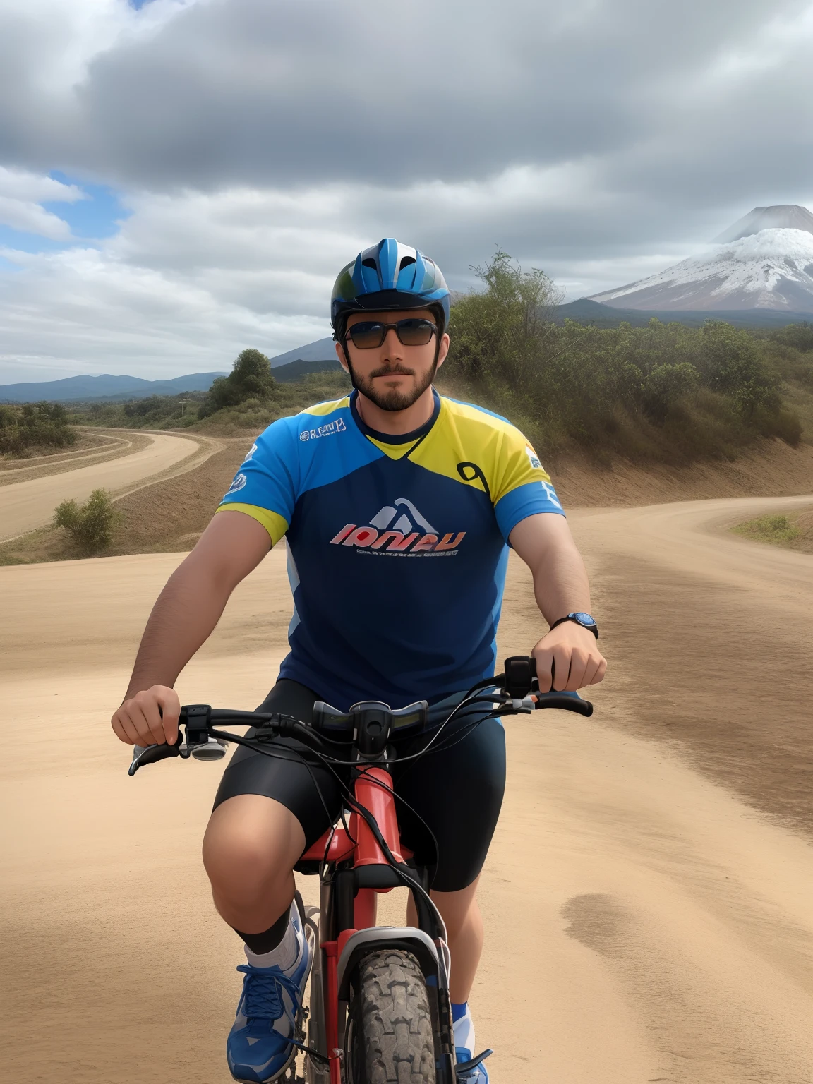 Arafed man riding his bicycle on a dirt road with a cloudy sky, com montanhas ao fundo, com montanhas no fundo, com montanhas como pano de fundo, imagem de um motociclista masculino, Colinas ao fundo, ciclismo!!, album photo, imagem de perfil, Pablo Amaringo, with a volcano in the background, veja os detalhes, andres rios, imagem do avatar