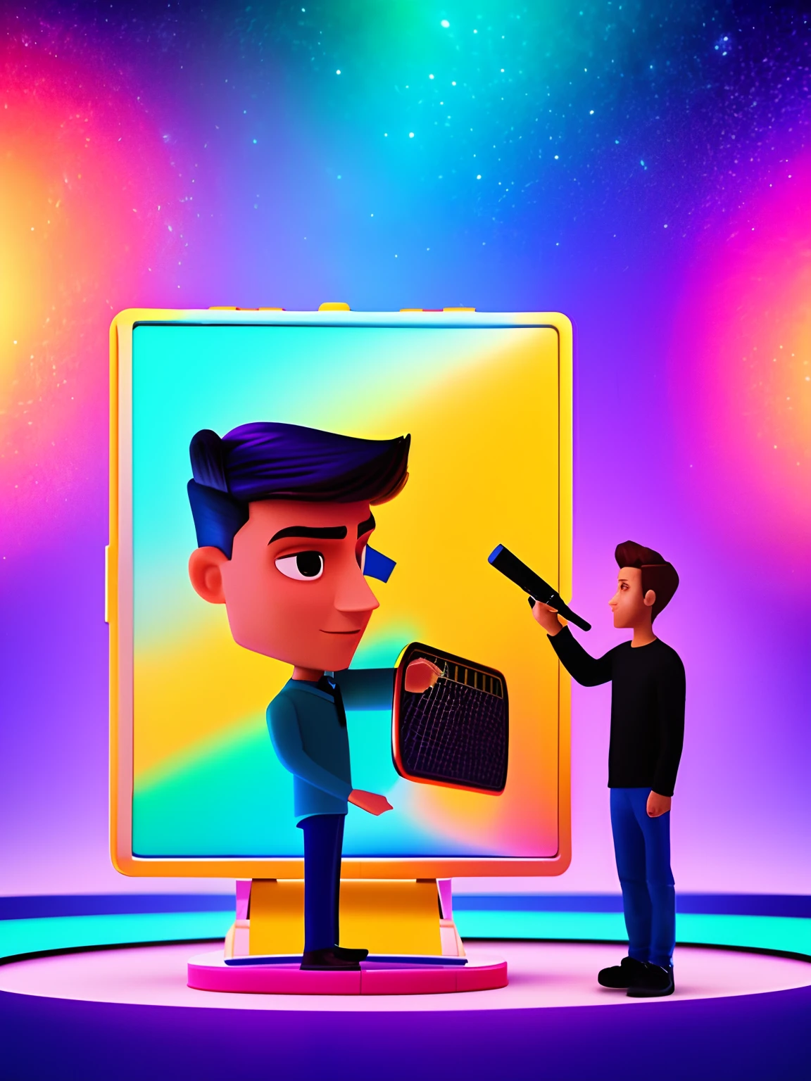 poster 3D inspirado na Disney/Pixar
capturando uma cena com um homem de 24 anos, cabelo preto curto e ondulado, rosto ligeiramente cumprido, com barba curta e bigode, in the middle of your studio fiddling with your Iphone, showing your happiness in creating content for Instagram. In the studio there is equipment and lights adding depth to the scene, The title stands out against the backdrop.
