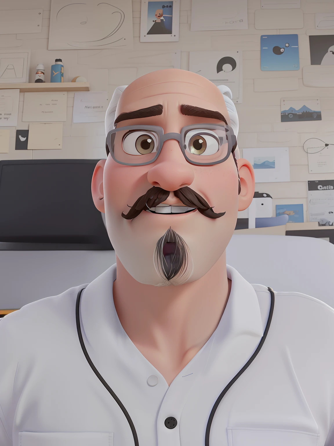 Create a Disney Pixar-style character
Bald white skinny man
White Square Glasses
little brown mustache
Beard on brown chin
septum piercing
Piercing between the chin and the lower lip
Right and left ear reamers
Black workshirt shirt out of pants
Black Cargo Pants
Vans Checkered Slip On Sneakers
Catrina red rose tattoo only on the right forearm
Black watch on left cuff
Playing a Gothic SG G400 guitar