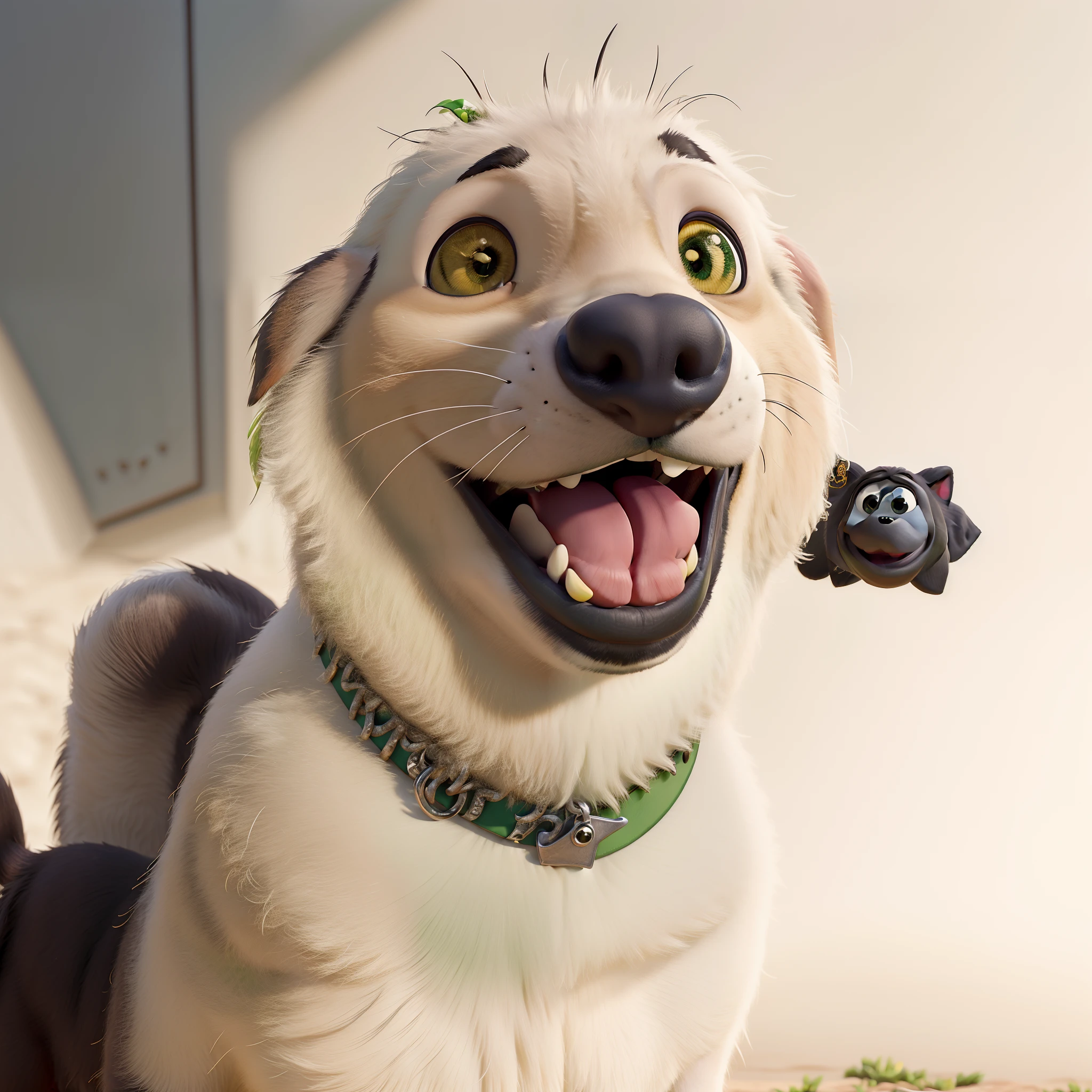 Disney Pixar cartoon, Cao, branco com amarelo, nariz preto, majo, Medium Dog, sentado, jardim, dia de sol, Green collar with ID medal