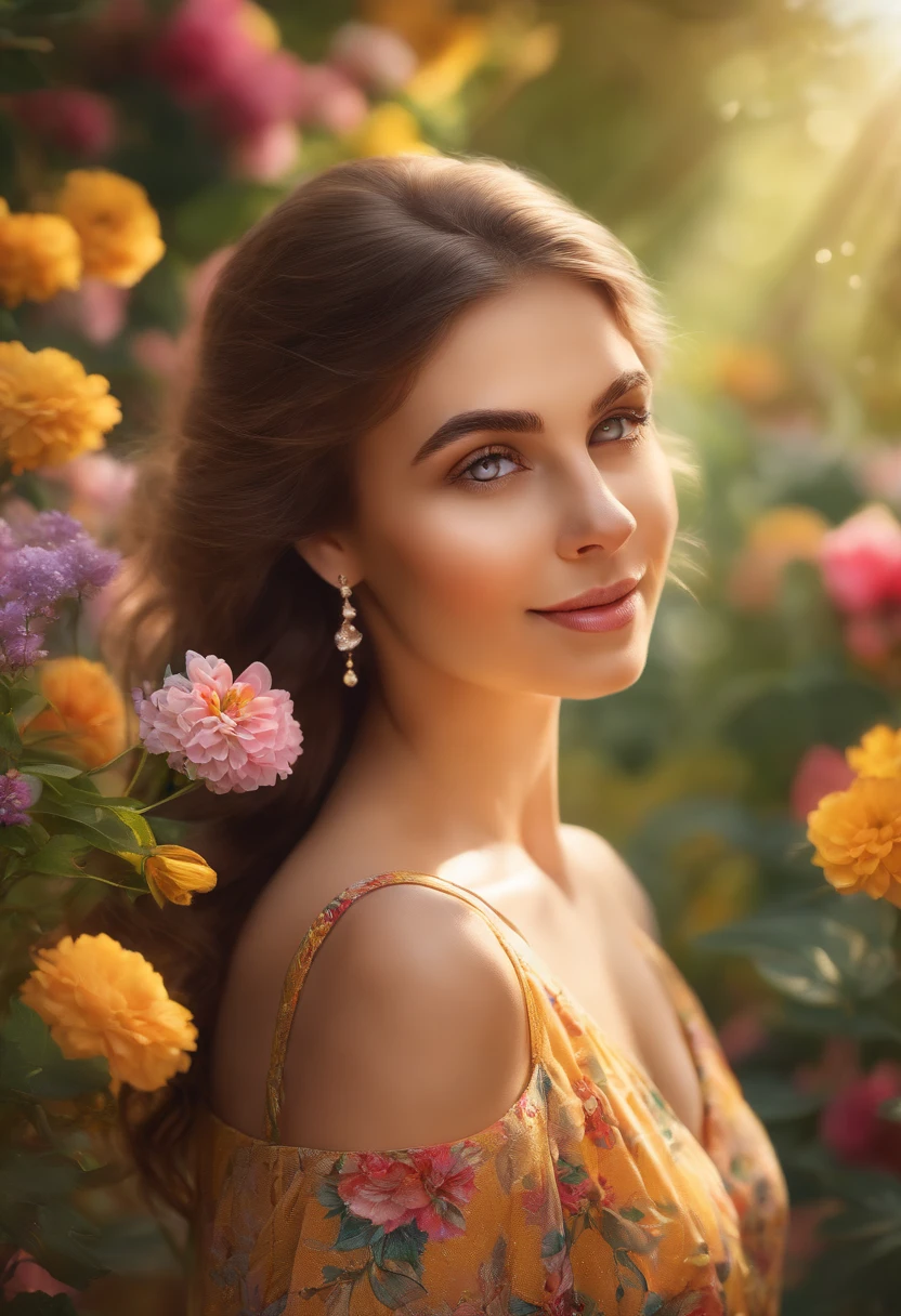 (highres:1.2), beautiful detailed eyes, beautiful detailed lips, long eyelashes, brunette girl, wearing a colorful summer dress, standing in a vibrant garden, surrounded by blooming flowers and lush greenery, with a golden sunshine illuminating her delicate features. The atmosphere exudes a sense of joy and serenity, with a playful breeze gently rustling her dress and hair. The girl's captivating eyes sparkle with curiosity and innocence, and her radiant smile reflects her inner happiness. The vibrant colors and intricate details in this artwork perfectly capture the essence of a beautiful and lively young girl in a picturesque garden setting.