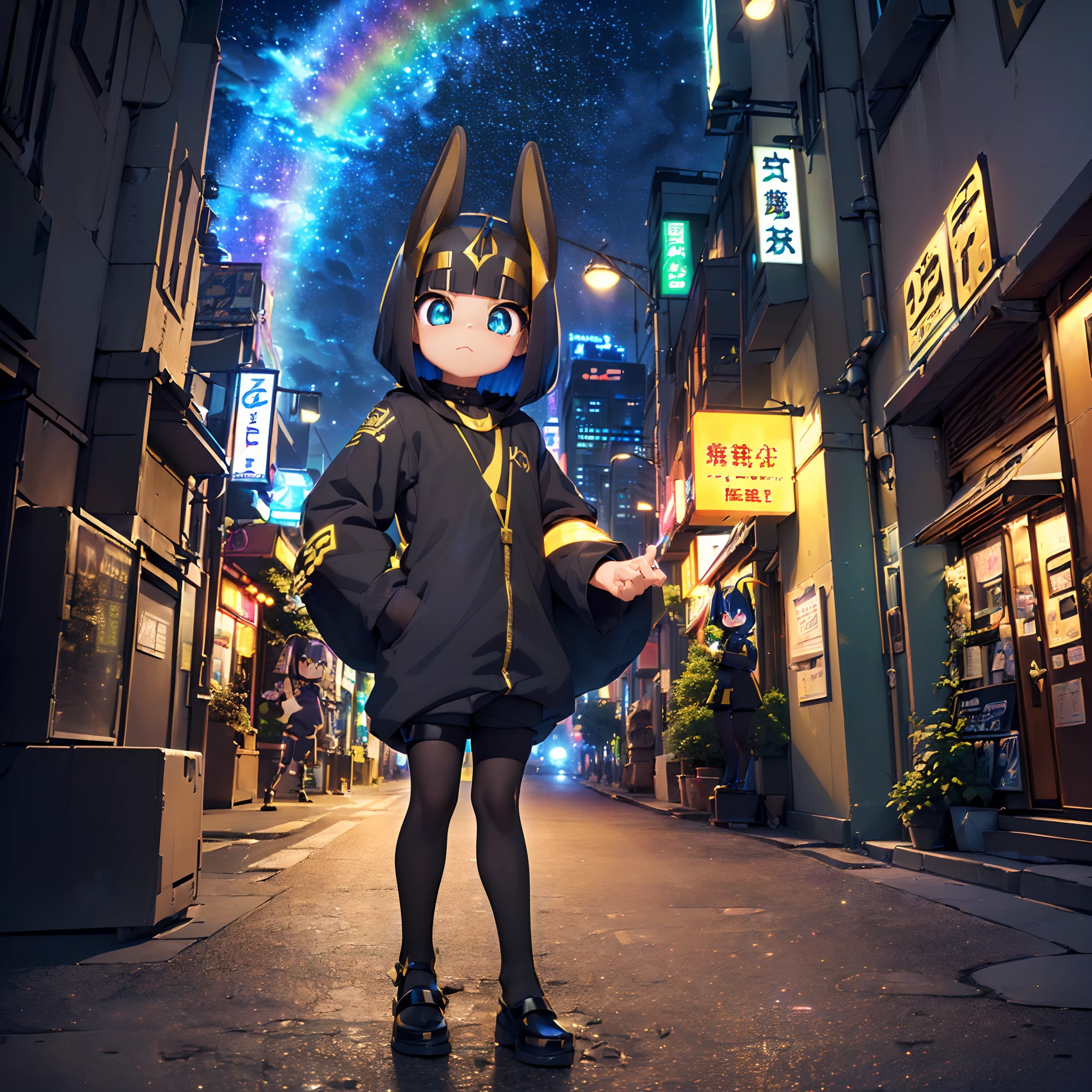 ((Chibi Chara:1.3), full body Esbian,(Colorful:1.2), (Highly detailed CG Unity 16K wallpaper:1.1), (Denoising strength: 1.45), (tmasterpiece:1.37), ((Official art)), of the highest quality, (Realistic), Male child, (Short-cut hair:1.2),(Anubis Costume:1.5),Black hair,Glowing eyes,(blue eyess:1.2),((Poses in motion:1.4)),((Anubis Costume:1.3)),wires, (LED:1.3), (a hologram:1.2), futuristic city street, Neon light, Skyscrapers, (Night:1.2), (Rainbow Model:1.2), 8K resolution, (Anime style:1.3), Cinematic lighting, chromatic abberation, spark of light, Ray tracing, blending, ultra wide-angle, Hasselblad, (masutepiece), ((Best Quality)), ((masutepiece)), nffsw