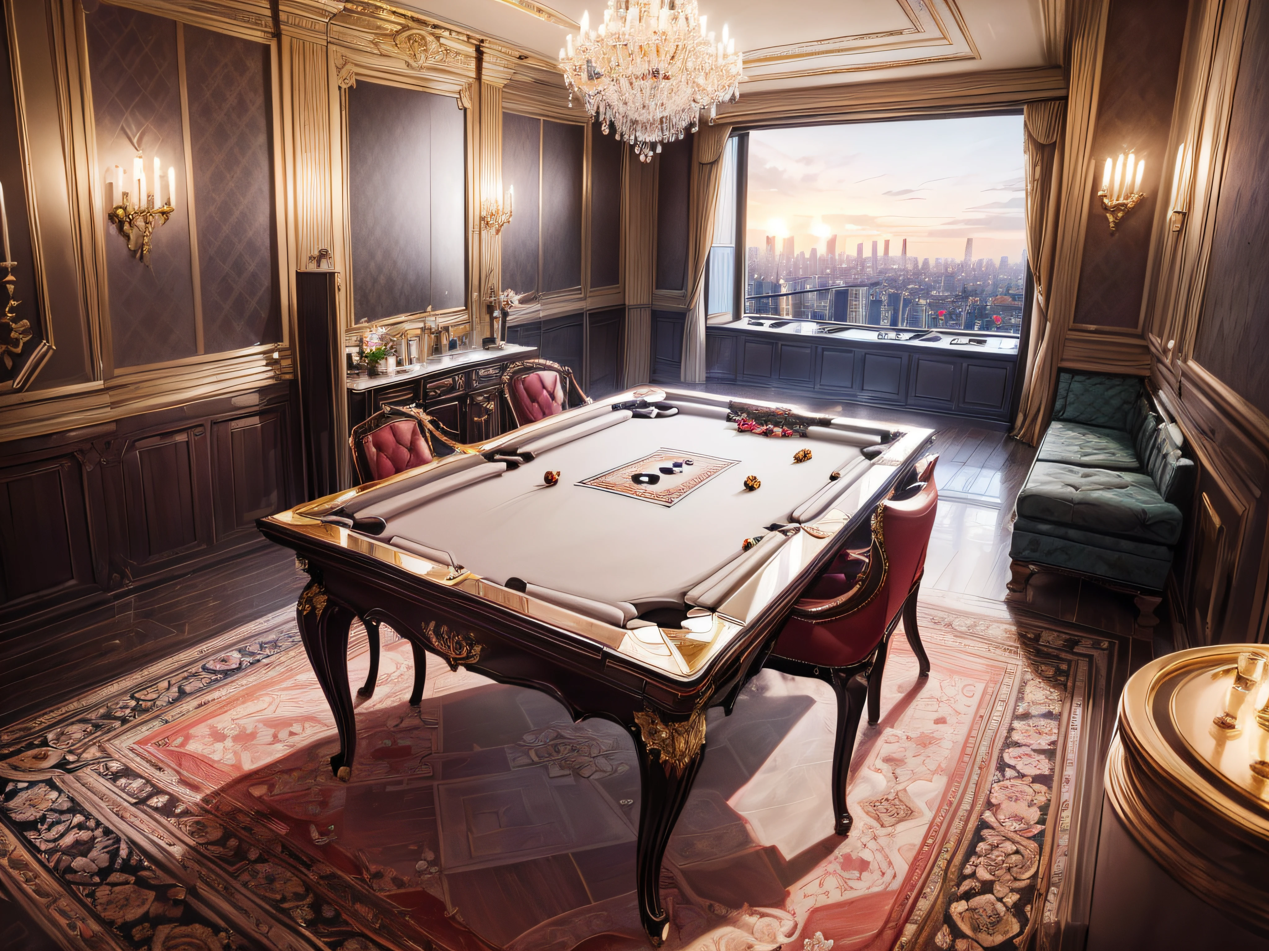 (high-res apartment:1.2),(luxury:1.1),(playing cards),(spades:1.1),(hearts:1.1),(diamonds:1.1),(clubs:1.1),(detailed interiors),(elegant decor),(expensive furniture),(spacious living room),(grand entrance),(high ceilings),(exquisite chandeliers),(sumptuous carpets),(marble floors),(gold accents),(king and queen thrones),(vibrant colors),(velvet drapes),(ornate mirrors),(beautifully crafted sculptures),(gleaming crystal glasses),(floral arrangements),(waitstaff),(exclusive playing card artwork),(floor-to-ceiling windows),(panoramic city view),(state-of-the-art kitchen),(private cinema room),(game room with card tables),(indoor swimming pool),(well-equipped gym),(luxurious spa),(rooftop terrace),(stunning sunset),(soft lighting),(indulgent ambiance)