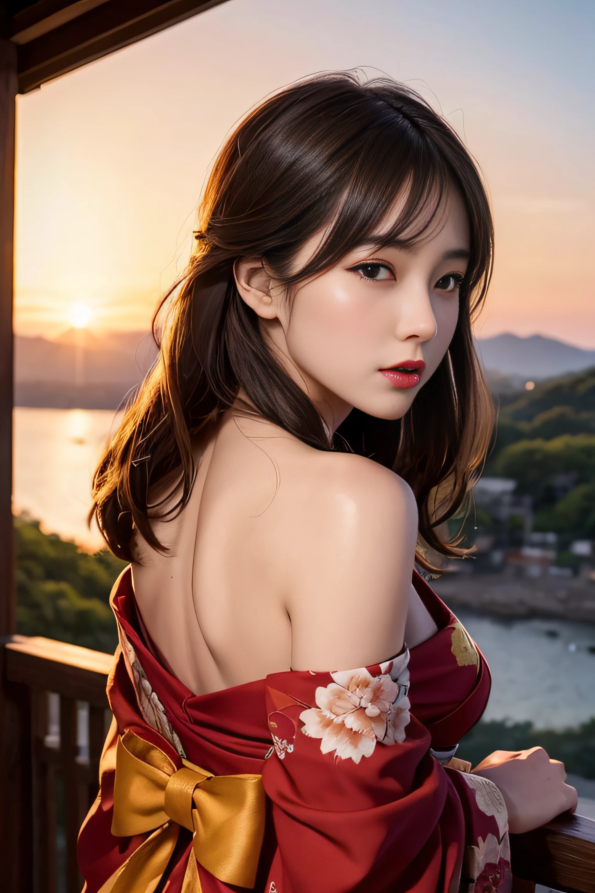 1womanl、(Super beautiful)、(beauitful face:1.5)、(A detailed face)、Early 30s、(Kimono)、Wearing heavy makeup、(red-lips)、Brown hair、(Immediately after sunset:1.2)、(Back lighting)、A scent that can't be hidden、Before you know it, It's ingrained in you、If someone takes you, I want to kill you、Sleep in a hideout、Winding Slope、Joren Falls、soar、shake off、Passing through the dazzling flames、mont. Amagi I want to climb with you、At SFW