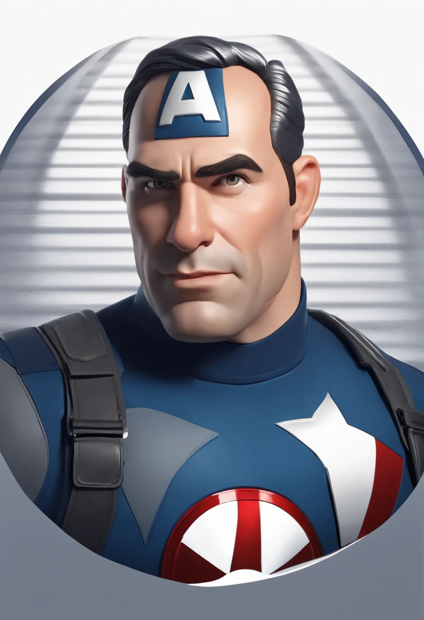 Personagem de desenho animado inspirado na Pixar de um homem, 41 years old with half thick lips with harmonious color with the face, com olhos  castanhos, Navy blue t-shirt with Captain America shield print, Gray hair with tuft modern animation style rendering, ..3d.