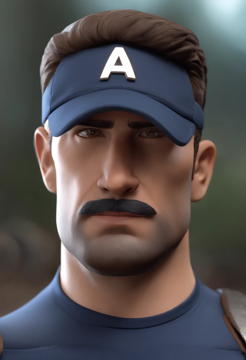 Personagem de desenho animado inspirado na Pixar de um homem, 41 years old with half thick lips with harmonious color with the face, com olhos castanhos, Navy blue t-shirt with Captain America shield print, Gray hair with tuft modern animation style rendering, ..3d.