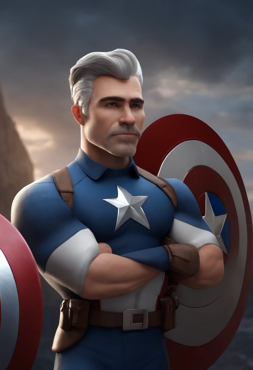 Personagem de desenho animado inspirado na Pixar de um homem, 41 years old with half thick lips with harmonious color with the face, com olhos  castanhos, Navy blue t-shirt with Captain America shield print, Gray hair with tuft modern animation style rendering, ..3d.