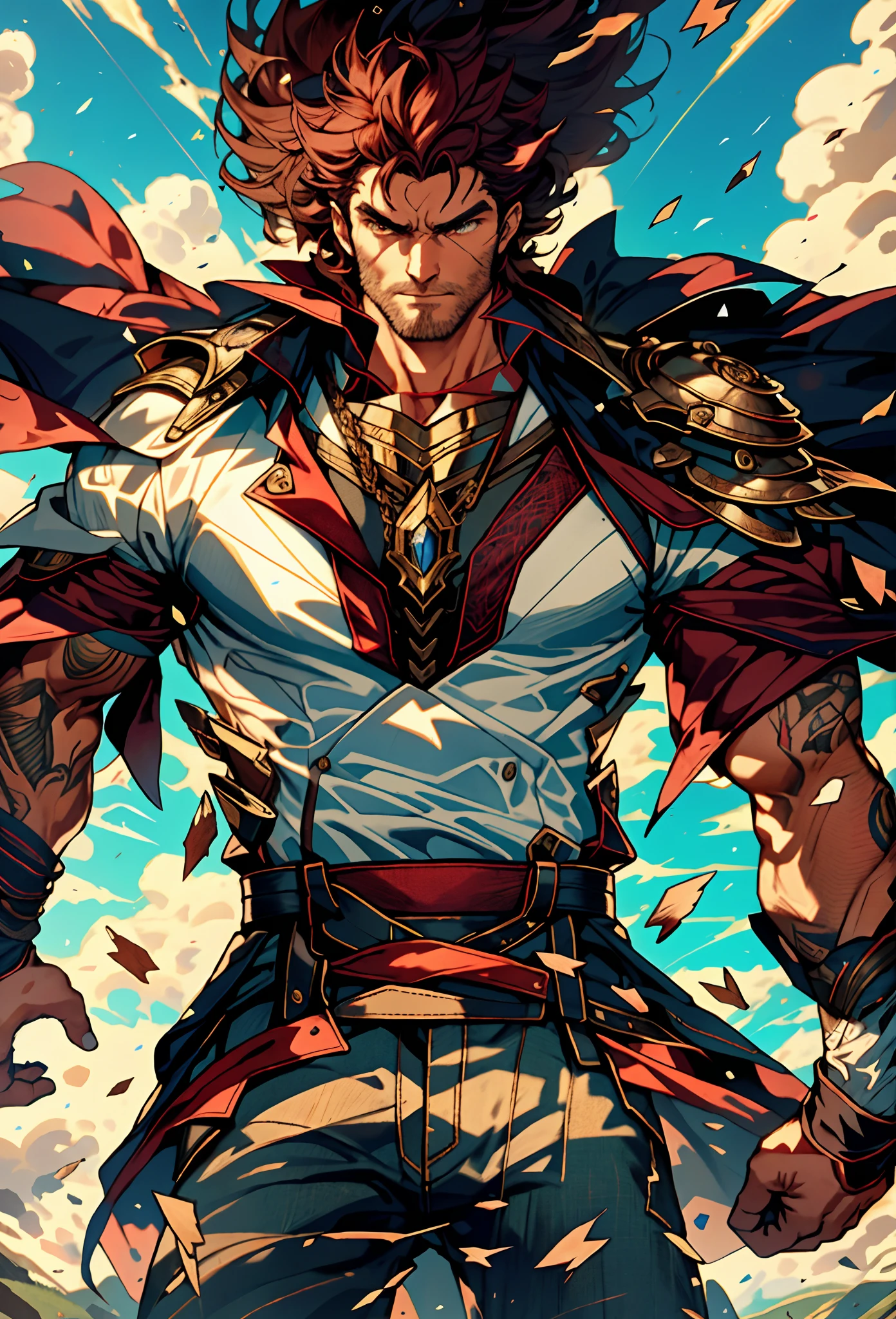 A middle-aged man of about 40, long hair in a striking red and black combination, wild and disheveled hairstyle, a fierce gaze, a confident smile, A lightning-shaped tattoo adorns his left face , a sturdy physique, a majestic fantasy-style coat with short sleeves, a form-fitting scale armor undershirt, Black fur shawl, wrist guards on his wrists, coarse cloth pants, e stands tall like a divine figure against a background of crumbling earth, with floating debris all around, this character embodies a finely crafted child with a fantasy-style dominant in anime style, characterized by an exquisite and mature manga illustration art style, high definition, best quality, highres, ultra-detailed, ultra-fine painting, extremely delicate, professional, anatomically correct, symmetrical face, extremely detailed eyes and face, high quality eyes, creativity, RAW photo, UHD, 8k, Natural light, cinematic lighting, masterpiece-anatomy-perfect, masterpiece:1.5