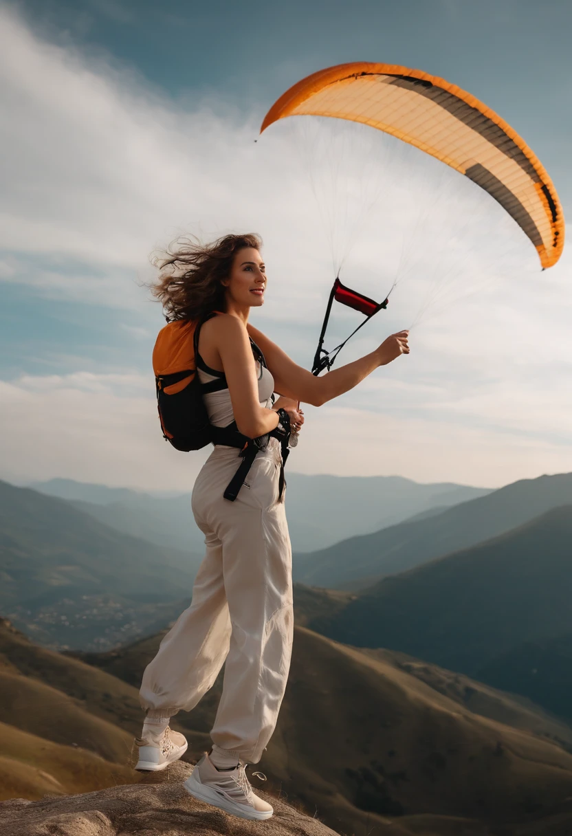 Woman with delicate face, very airy, Brazilian italinosis, very white skin, wavy hair, big light brown eyes with big light brown eyelashes with black pants and pants with sneakers, flying in the sky with paragliding in the middle of the mountains