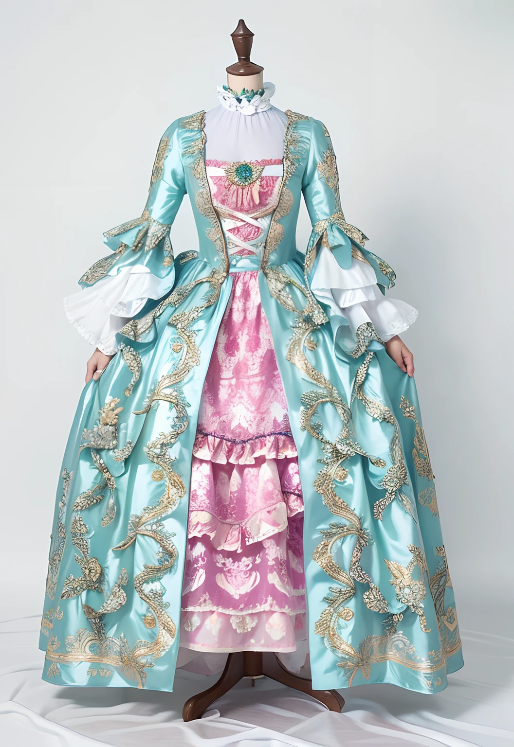 um close up de um vestido em um suporte de manequim, rococo dress, dress in the style of rococo, rococo fashion, 1 8th century style, rococo queen, Vestido azul vitoriano, Intrincado Vestido vitoriano, Vestido real, historical baroque dress, Vestido vitoriano, rococo ruffles dress, Terno estilo Vitoriano, Maria Antonieta, Vestido real ornamentado