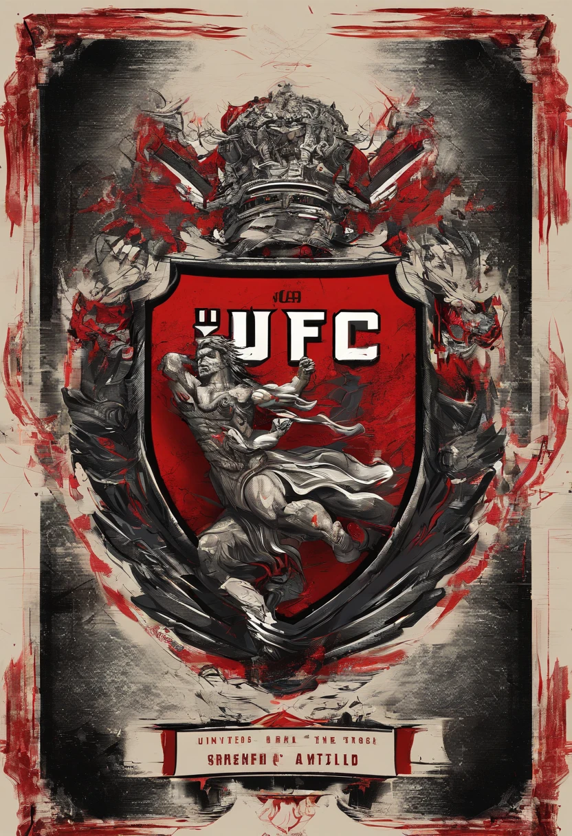 Arte de design estilo escudo com nome no centro: UFC (United by the Strength of Christ, 8k, altamente detalhado, em cores vermelho e preto