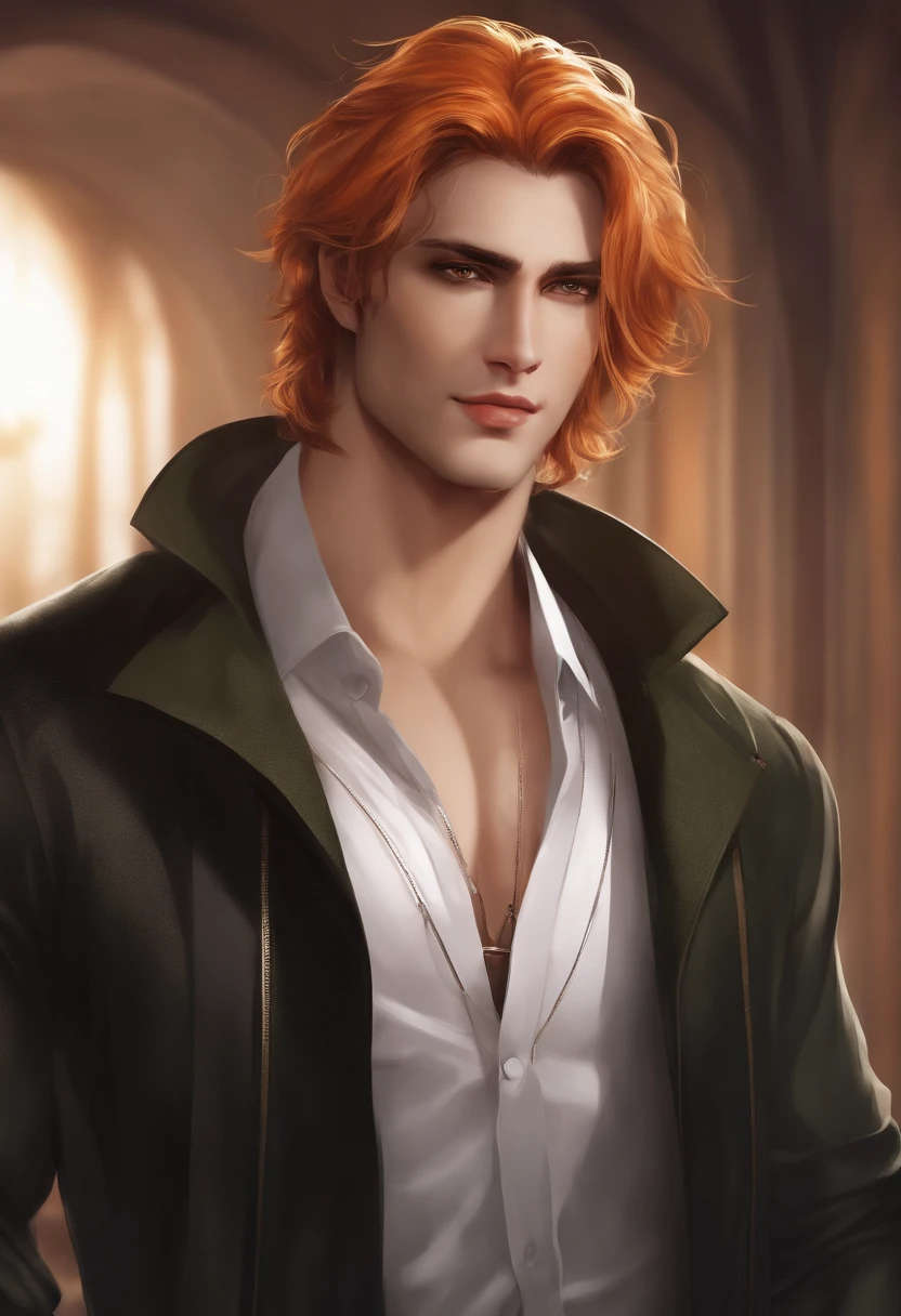 ((extremely high quality, master part, 1 masculino, Handsome, macho, adultoo masculino, cara mais velho, ombros largos, altura alta((cabelo grande)), Looking at the Viewer ((olhos verdes)), ((orange hair, Cabelo amarrado), Standing, piercings, rosto mais velho, adulto, anime version, roupa de casaco preto, Homem alto, anime, roupa do casaco, mostrando todo o personagem