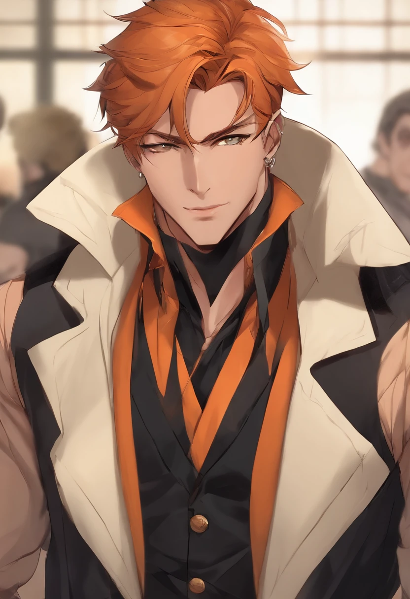 ((extremely high quality, master part, 1 masculino, Handsome, macho, adultoo masculino, cara mais velho, ombros largos, altura alta((cabelo grande)), Looking at the Viewer ((olhos verdes)), ((orange hair, Cabelo amarrado), Standing, piercings, rosto mais velho, adulto, anime version, roupa de casaco preto, Homem alto, anime, roupa do casaco, mostrando todo o personagem