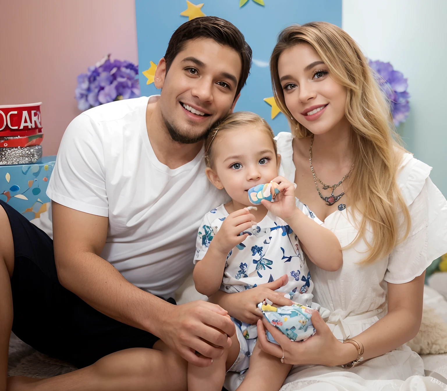 A Disney Pixar-style family, alta qualidade, best quality, ultra-detalhado, Realistic, vivid colors, belos olhos detalhados, beautifully detailed lips, olhos e rosto extremamente detalhados, long eyelashes, 2meninas, cheerful expressions, roupas coloridas, dinamic poses, em um ambiente de jardim animado, cercado por flores coloridas e folhagens vibrantes, com uma atmosfera ensolarada e acolhedora, Capturando um momento alegre e emocionante, with a whimsical and playful art style, studio lighting, paleta de cores vibrantes e vivas, capturing the essence of Disney Pixar animations, with a sharp focus on character detail, bringing out the magical and imaginative world of the scene, com um efeito bokeh adicionando profundidade e foco nos personagens, in a digitally rendered illustration, similar to a 3D animation, com uma pitada de nostalgia e uma qualidade atemporal, Criando uma obra-prima.