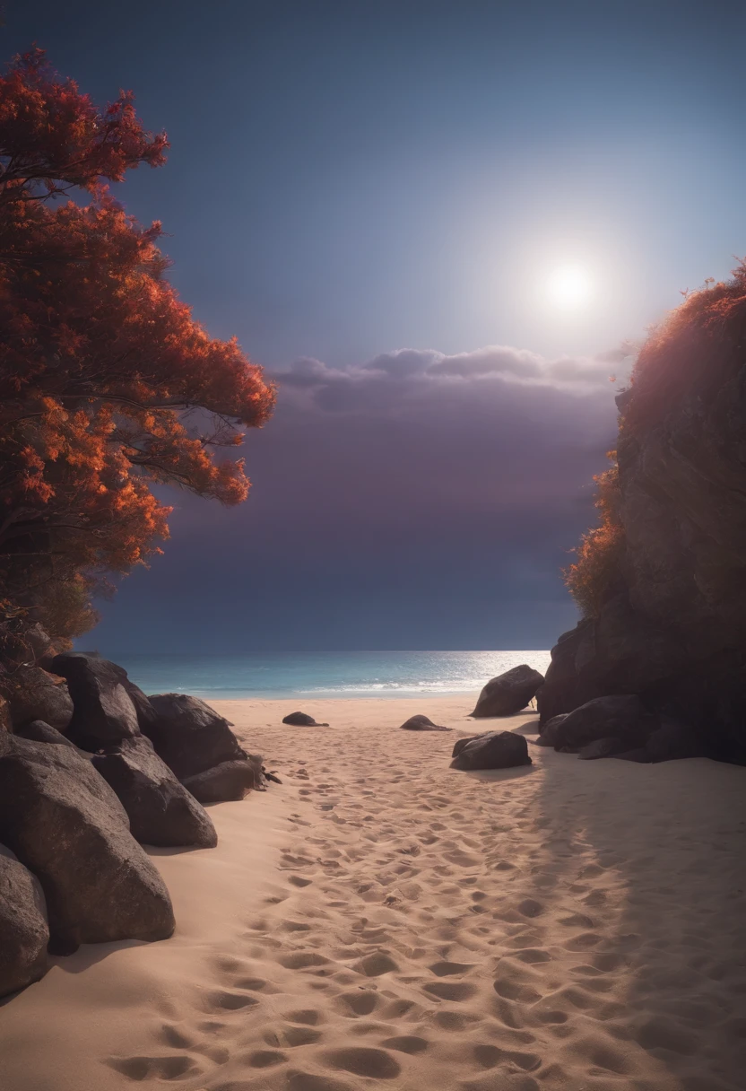 (master part, best quality:1.4), Cinematic light, colorido, alto contraste, neon light, heaven, sunlight, space, Praia, Onda, sem pessoas, Fotografia de paisagem expansiva, (a view from below that shows the sky above and the sea below wear a lot of purple and orange, Detalhes, warm colors and vibrant Japanese anime style