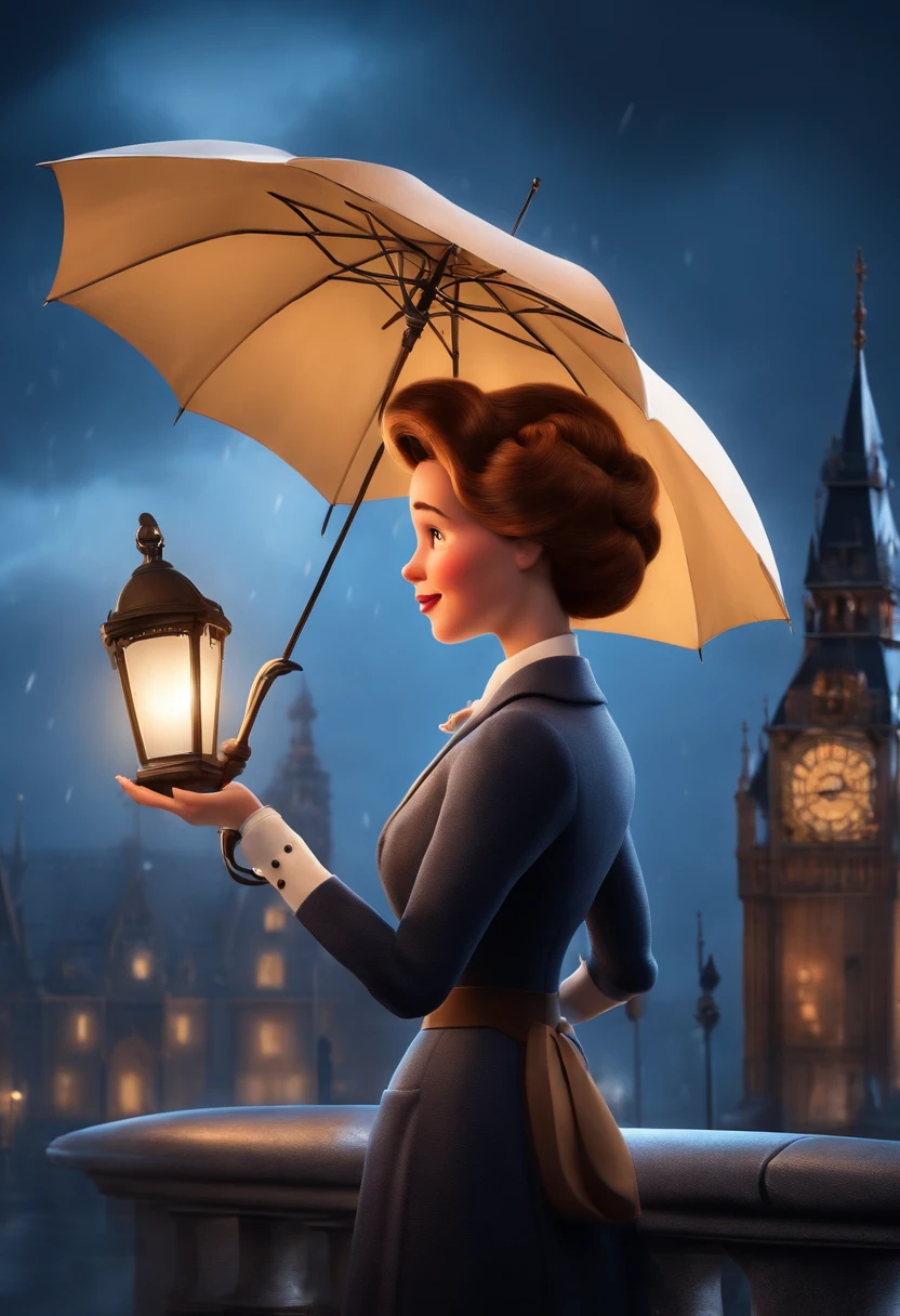 Crie uma imagem da Disney pixar, alta qualidade, melhor qualidade. De uma advogada de cabelo preso, com coque baixo, cor castanho, imitando a marry poppins, segurando guarda chuva, However, this lawyer takes care of health professionals and not children