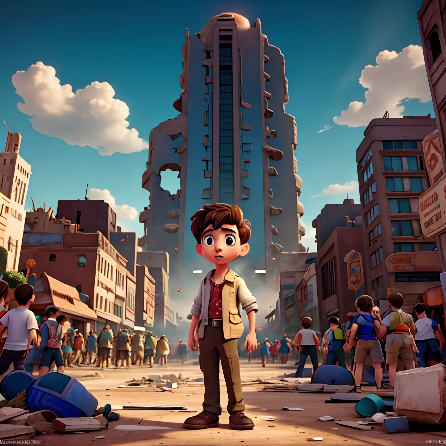 Disney style poster this say"The End Of world", A boy in a crowd of people panics in the middle of the city and during an earthquake and the ground cracks and buildings are destroyed