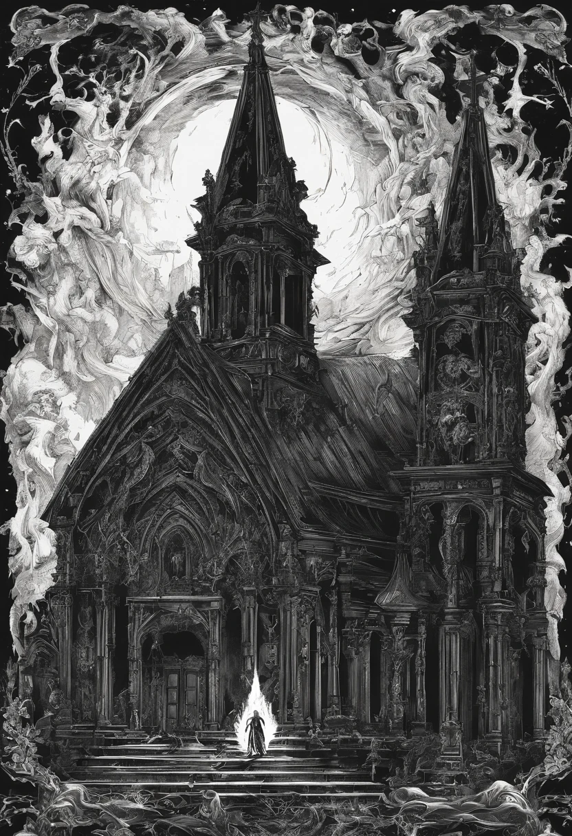 Gigantic demon behind a church on black flames