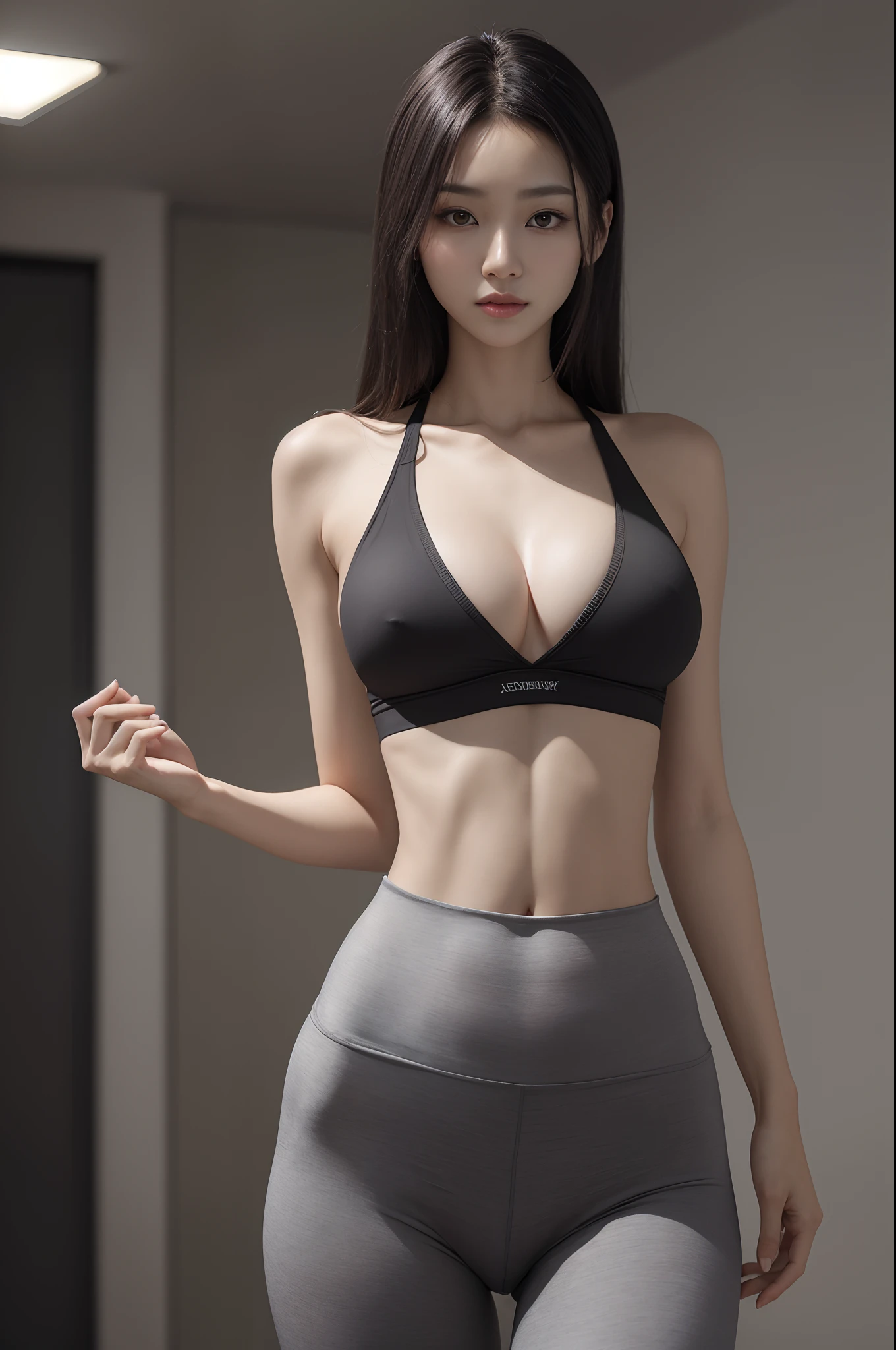 8K, Masterpiece, RAW photo, Best quality, detail:1.2),Photorealistic, Extremely detailed CG unifies 8K, 8K, Diamond, and wallpaper, Depth of field, Cinematic light, Lens flare, Ray tracing, (Extremely beautiful face, Beautiful lips, Beautiful eyes), intricate detail face, ((ultra detailed skin)) 1girll, In the dark, deepshadow, Pretty Korean girl, Kpop idol,(Very slim and slender muscular body:1.3),Grey sheer yoga pants,Tight Yoga Pants,Embarrassing lines,No underwear,Big breasts that expose the,
