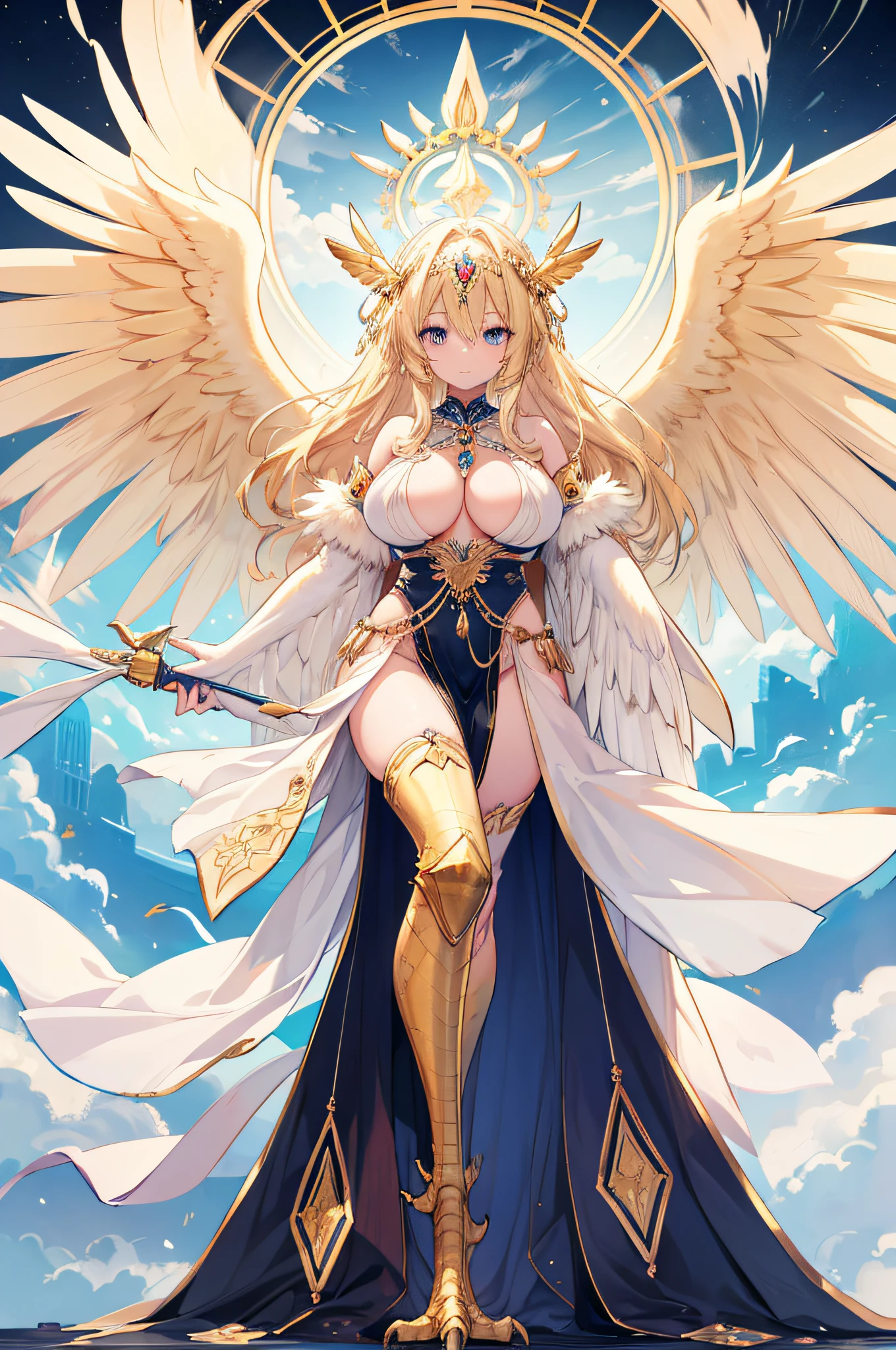 4k,hight resolution,One Woman,harpy,Bright blonde hair,Longhaire,Bright blue eyes,huge tit,Bright white wings,Golden toenails,valkyrie,high priestess,Goddess dress,Winged headgear,jewel decorations,Temple in the Sky,dusk sky