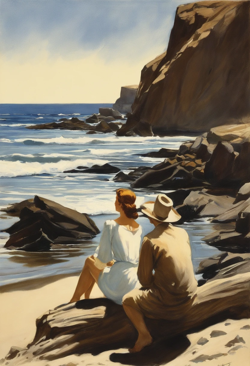 There's two people sitting on the beach looking at the water, Edward Hopper e Milo Manara, angus mcbride, inspirado em Charles Dana Gibson, Directed by: Wojciech Siudmak, Directed by: Eddie Campbell, Directed by: Austin Briggs, inspirado em Wojciech Siudmak, Directed by: Peter Helck, Directed by: Frank McKelvey, Directed by: Charles Dana Gibson, 插圖"
