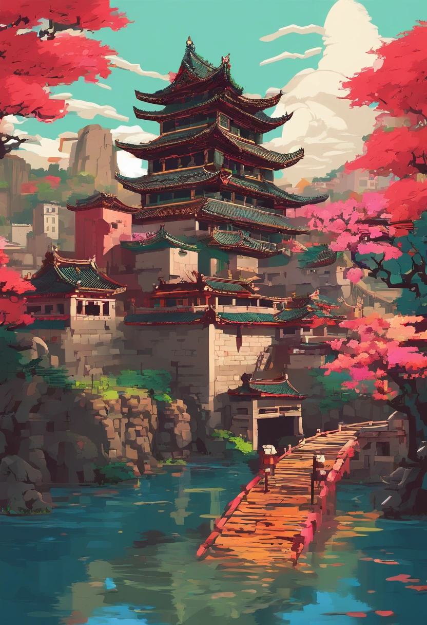 Desenhe uma vila chinesa，ponte sobre o rio, Tran Ross. Scenery background, Pintura digital de um pagode, Cyberpunk Chinese Ancient Castle, cidades chinesas sonhadoras, pintura digital altamente detalhada, pintura digital muito detalhada, detailed scenery—width 672, Wlop e Ross Thran, pintura detalhada 4K, arte conceitual digital detalhada, arte digital altamente detalhada