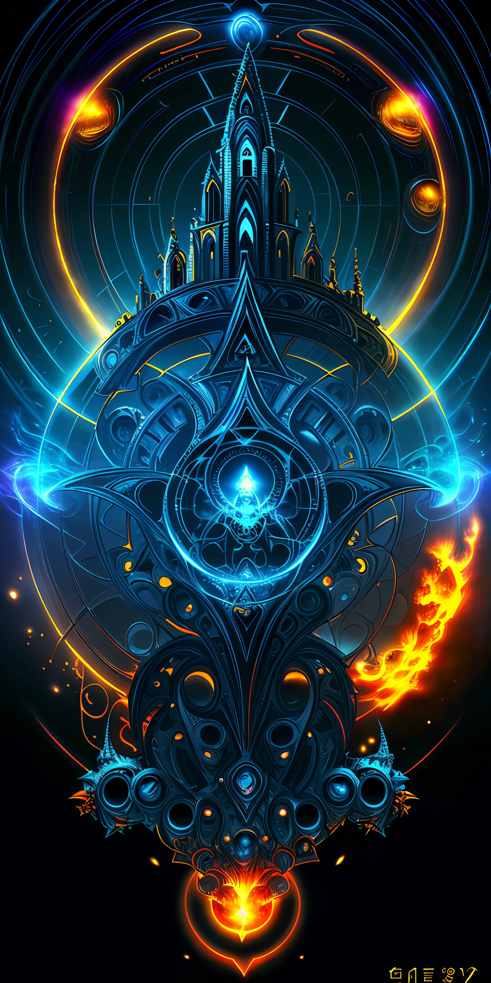 (android mechanical lich hovering above a gothic cathedral)=2.0, robot wings:Unholy Bioluminescent Flame,earnst haeckel, james jean. generative art, baroque, intricate patterns, fractalism, movie still, photorealistic, intricate, elegant, highly detailed, artstation, smooth, sharp focus, illustration, outrun, vaporware,epic wide angle shot, (monsters trapped in orbs of pure unholy celestial aura), angle from side, (Golden Death Mask) = 1.8, cinematic lighting, (unholy fire raining in the background lighting the scene) = 1.0, Yawning:Blank Stare, (looking at viewer), {Masterpiece}, ((Massive Unholy blue flame meteors falling in background))=1.7