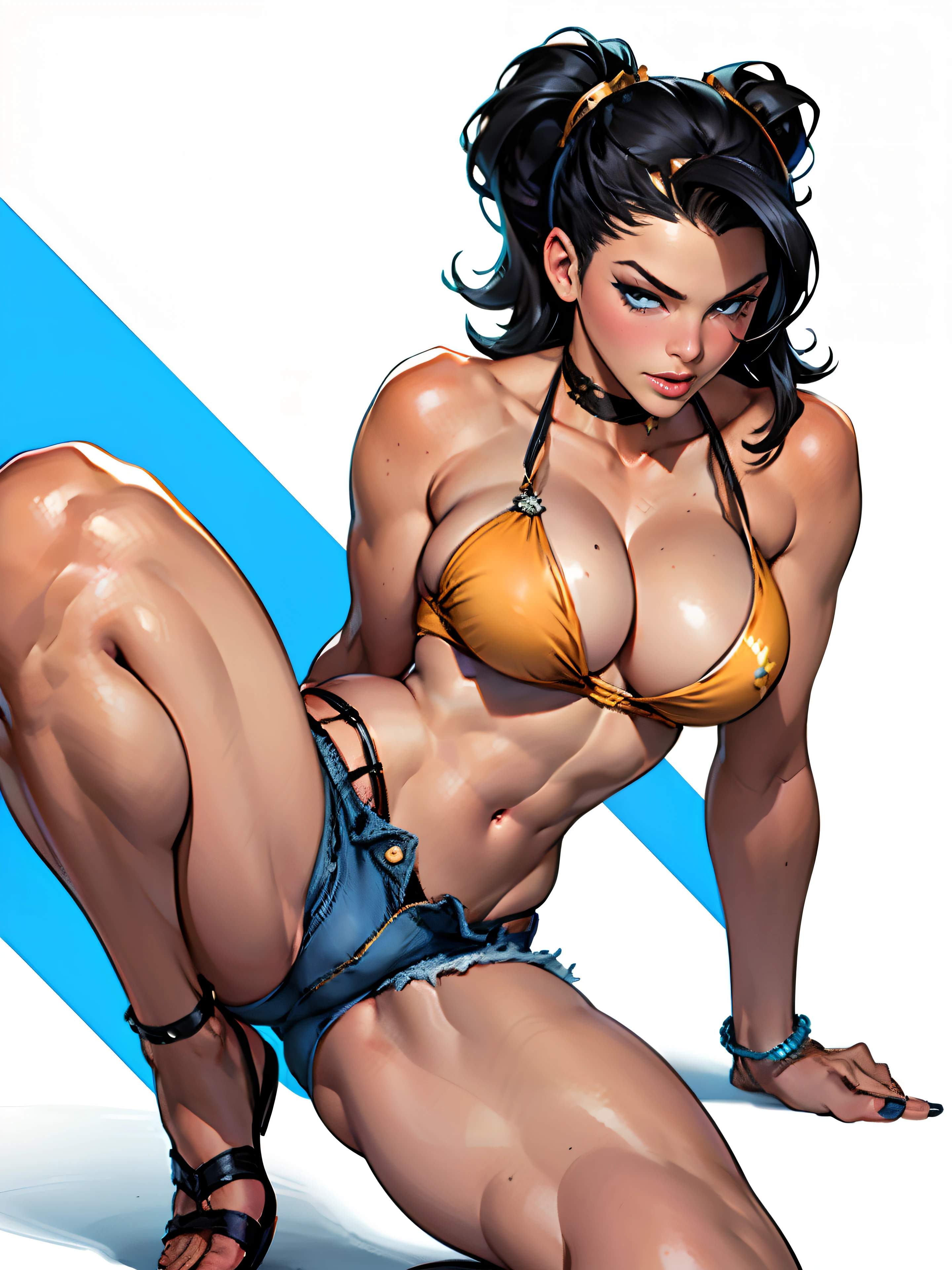 (high quality, best rendering), (beautiful girl), Blue Eyes, ((black long straight hair)),(bombshell, pin-up style), psychopath, crazy face, sexy pose, jean short shorts, tank top, pastel, centered, scale to fit dimensions, micro thong, micro bikini, camel toe