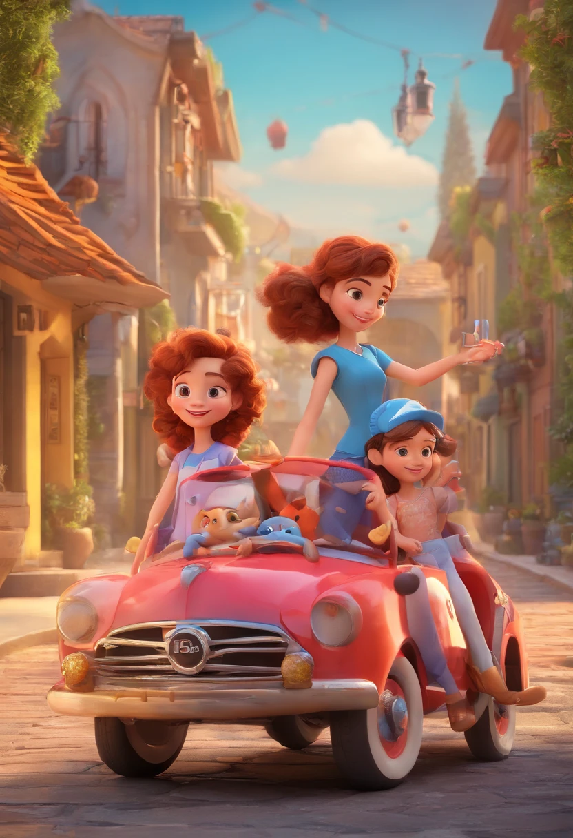 Estilo Pixar: Mother's age 37,Idade do pai 38, 2 twins age 5 ,0ne sister age 9 ,com um gato litlle ,3D Poster,Disney