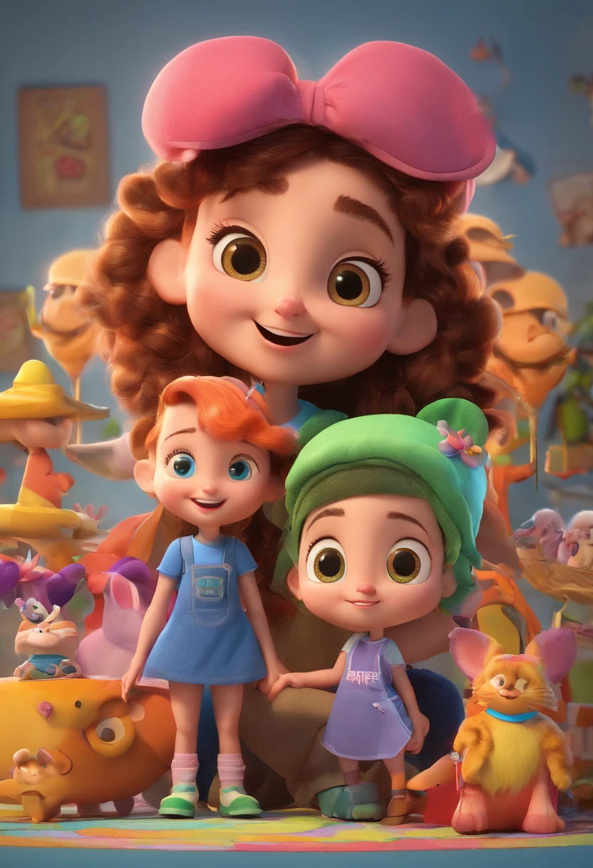 Estilo Pixar: Mother's age 37,Idade do pai 38, 2 twins age 5 ,0ne sister age 9 ,com um gato litlle ,3D Poster,Disney