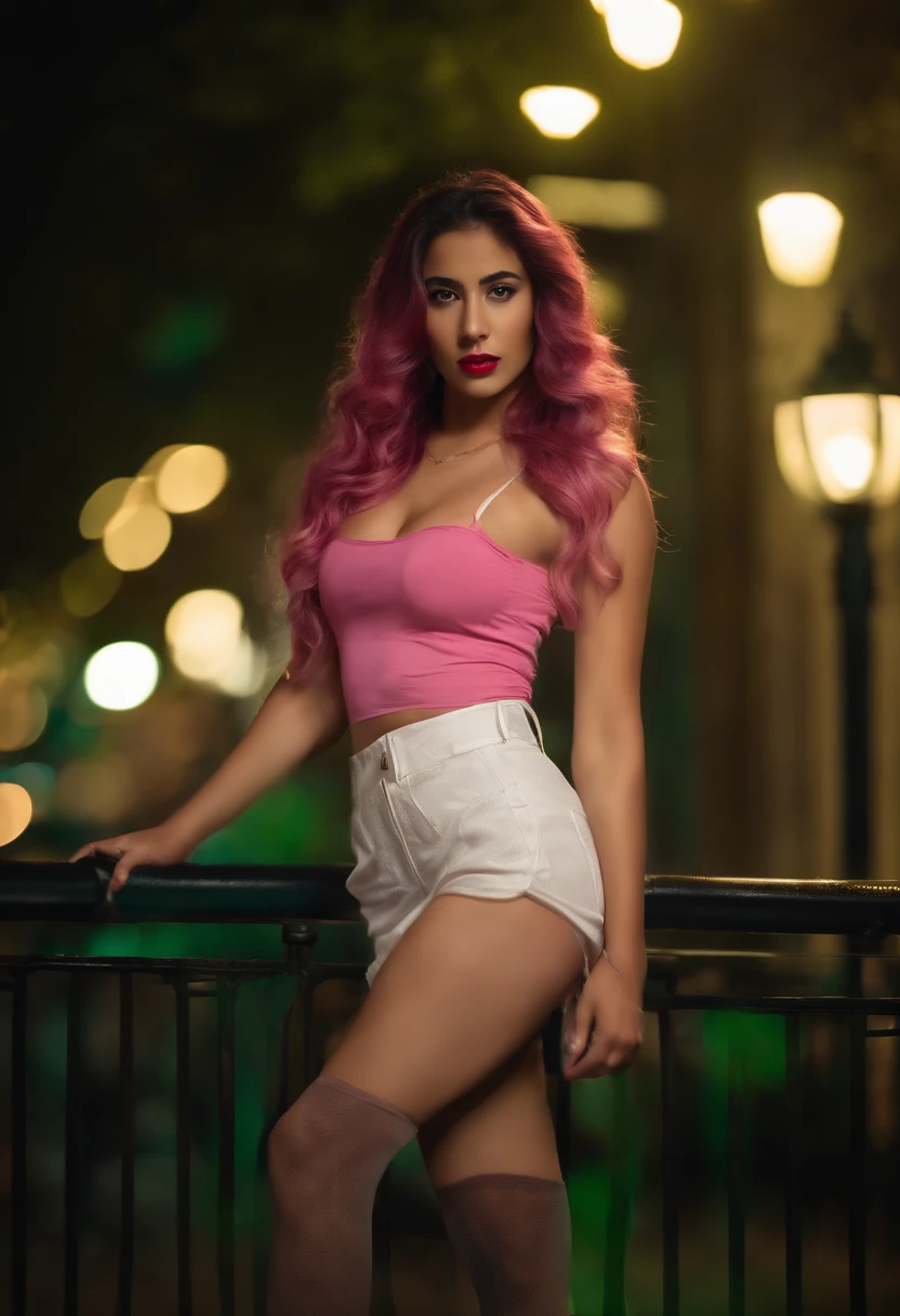 a 20 year old woman. latina ethnicity. with long wavy blue hair.with perfect face, slim body and good physique. large breasts ((( sexy: 1.5))) and slim waist ((( sexy and sensual))). full body. she has red colored eyes. background in a big city at night. the woman has a green colored shirt with big cleavage. the woman wears a white miniskirt very close to her tail. the woman wears pink colored  girl themed knee high stockings ((((dim and elegant light))).