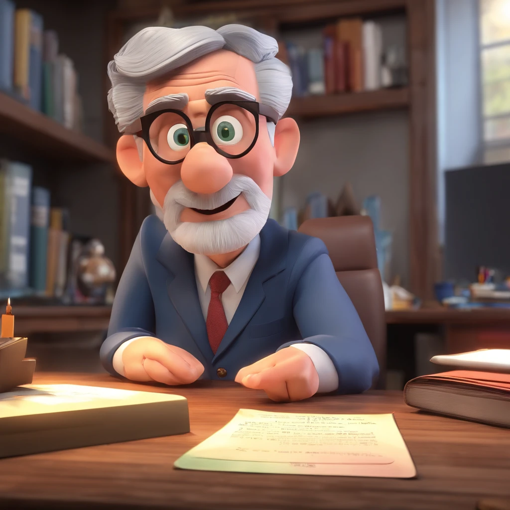 Crie um cartaz inspirado na Disney Pixar com o personagem sendo o pastor Rubens Janier, A gray-haired man wearing glasses, in an office with a Bible on the desk