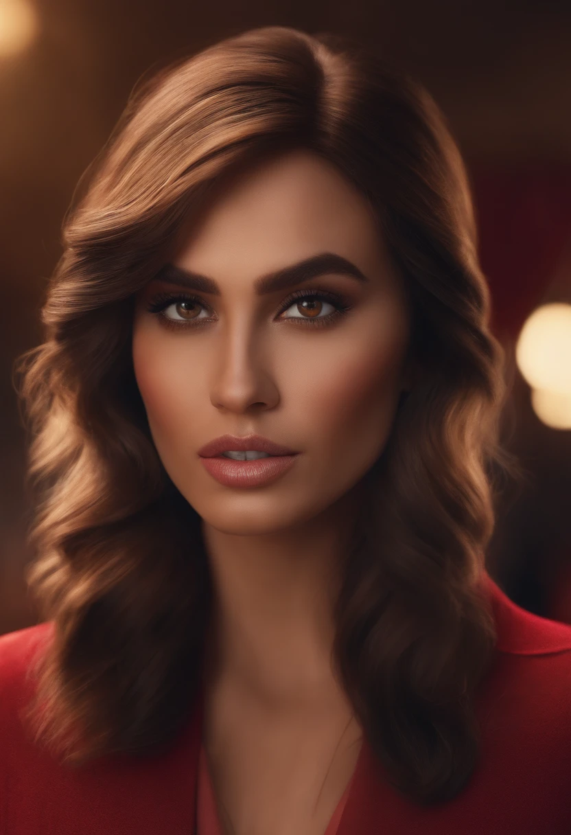 mulher com cabelos longos e escuros, brown eyes and a serious expression. She's wearing makeup, including a red lips and a hint of shading in the shadows. Woman is posing for the camera, And your hair is in disarray, giving the impression that she just got up. Generate this image in Pixar's 3D animation style.